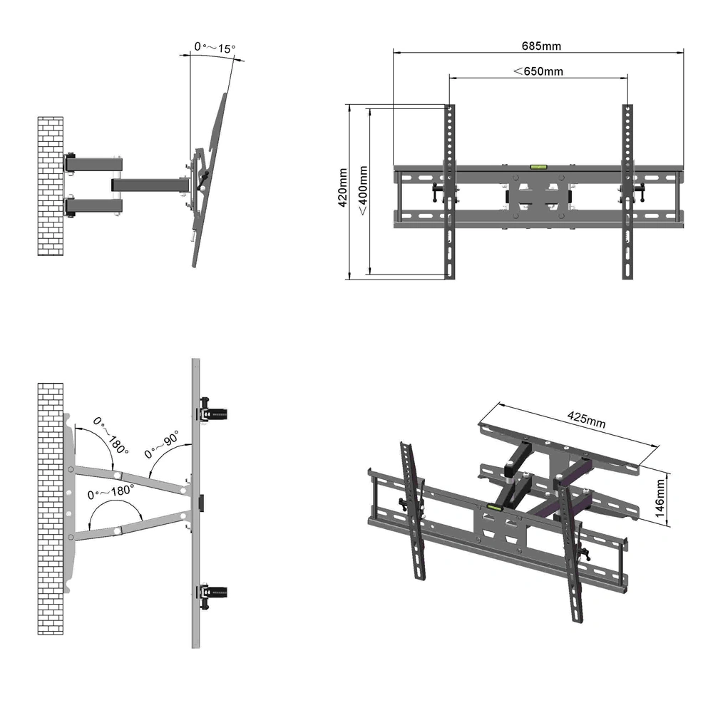 TMDS-204 32"-70" 110Lbs VESA600*400 Full Motion TV Wall Mount Tilt Range 0-15° view 29