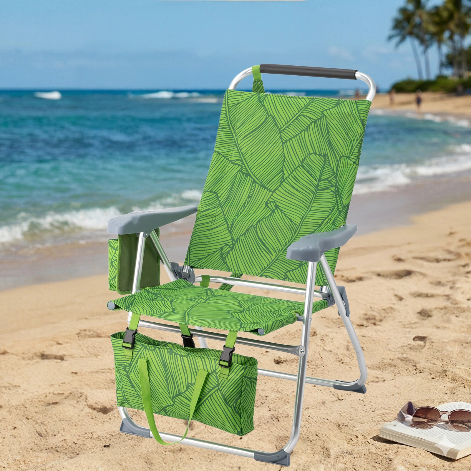 17 Inch Seat Height Beach Chair for Adults, Folding Portable Camping Chair with Headrest, Cup Holder, Side Pocket & Bottom Storage Bag, 7-Position Adjustable Aluminum Beach Chair, Heavy Duty 265 LBS Capacity, Oxford Fabric for Beach, Patio, Pool, Sum view 18