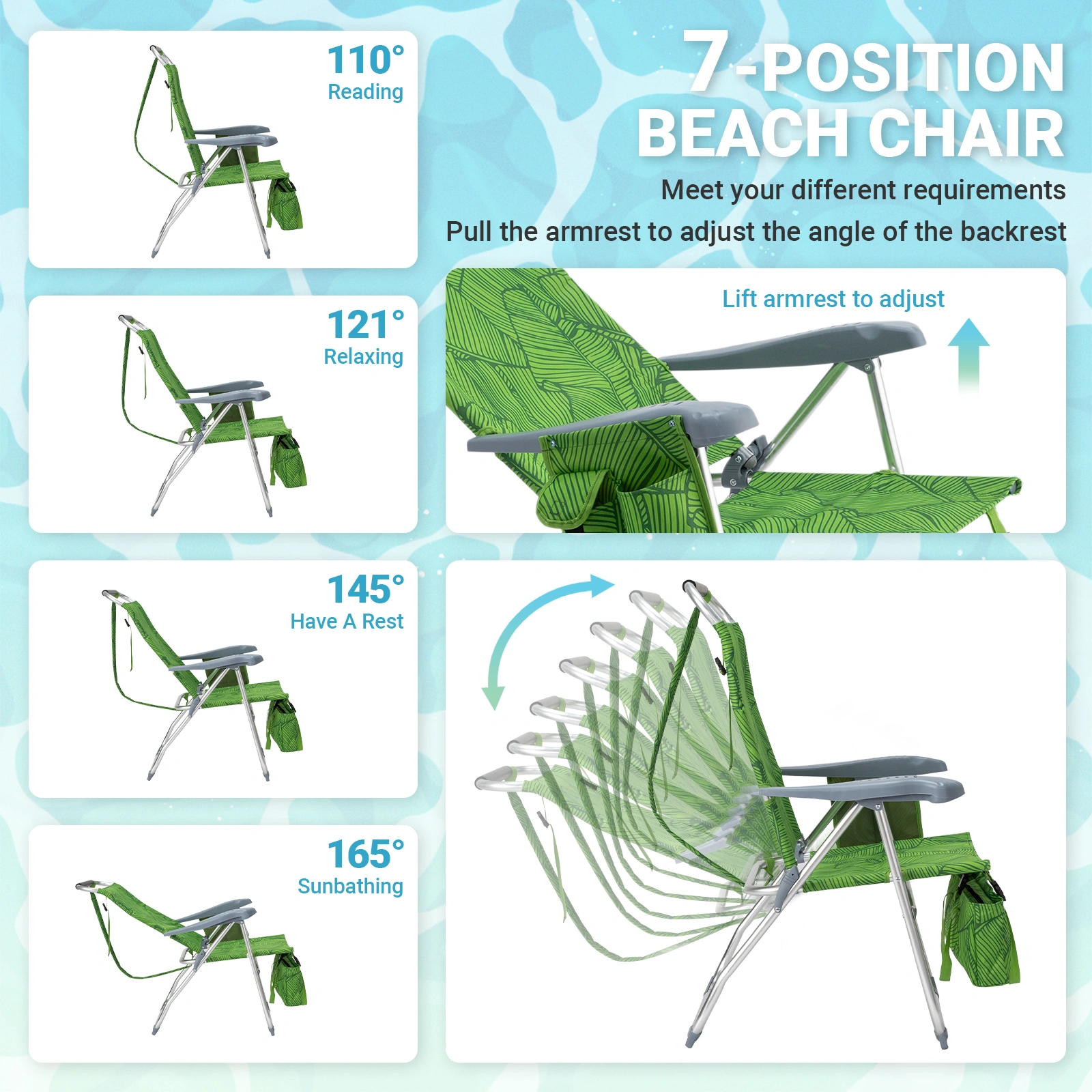 17 Inch Seat Height Beach Chair for Adults, Folding Portable Camping Chair with Headrest, Cup Holder, Side Pocket & Bottom Storage Bag, 7-Position Adjustable Aluminum Beach Chair, Heavy Duty 265 LBS Capacity, Oxford Fabric for Beach, Patio, Pool, Sum view 5