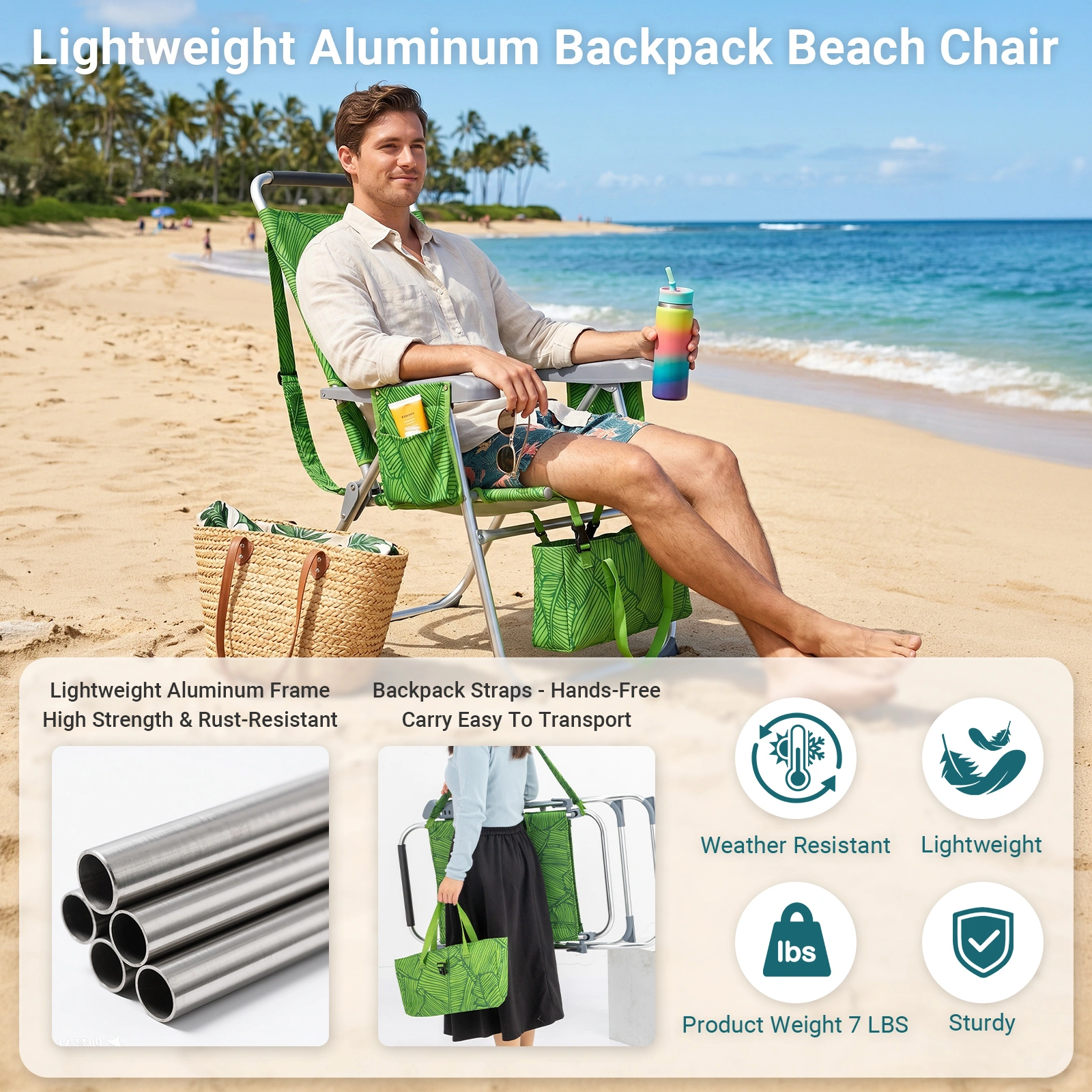 17 Inch Seat Height Beach Chair for Adults, Folding Portable Camping Chair with Headrest, Cup Holder, Side Pocket & Bottom Storage Bag, 7-Position Adjustable Aluminum Beach Chair, Heavy Duty 265 LBS Capacity, Oxford Fabric for Beach, Patio, Pool, Sum view 7