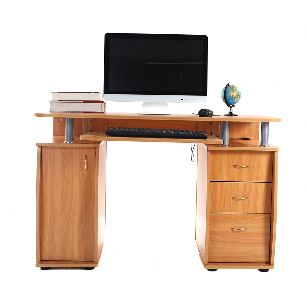 15mm MDF Computer Desk, Portable Wood Color, 1 Door Cabinet with 3 Drawers, Compact Home Office Storage Desk view 2