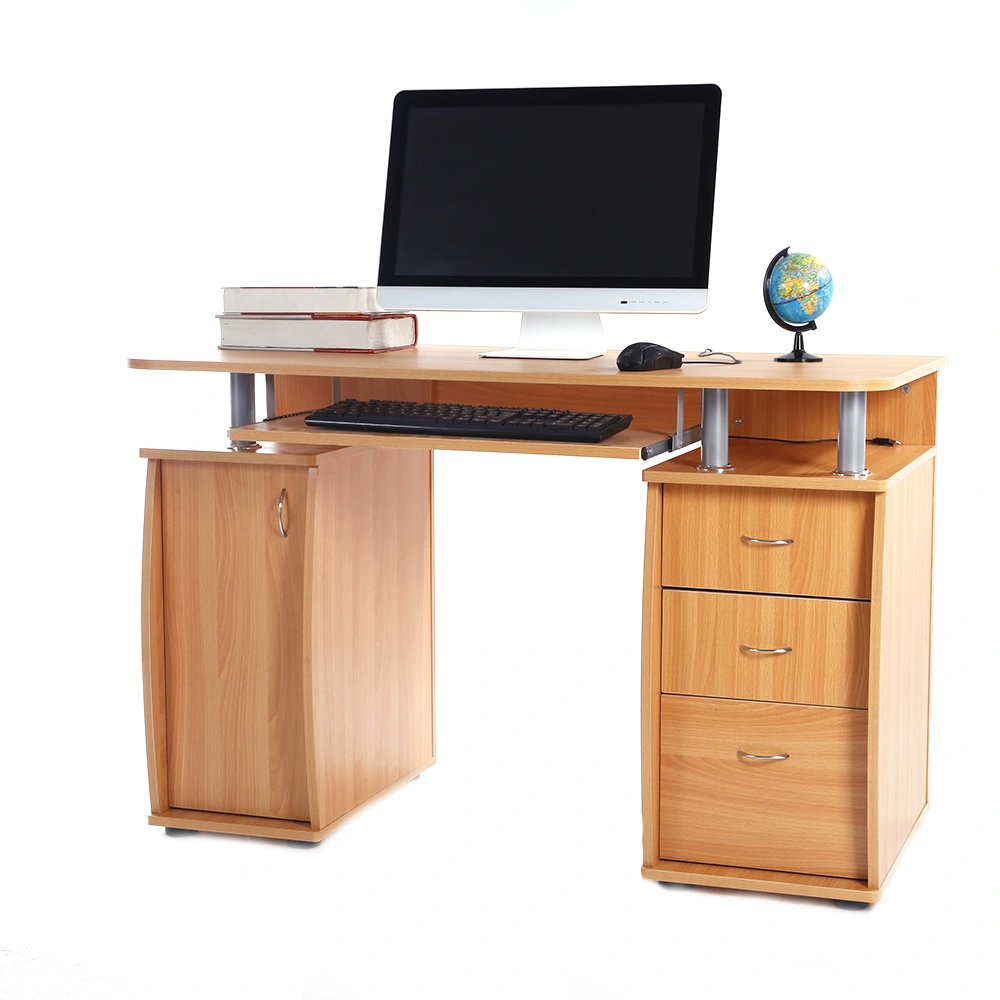 15mm MDF Computer Desk, Portable Wood Color, 1 Door Cabinet with 3 Drawers, Compact Home Office Storage Desk view 3