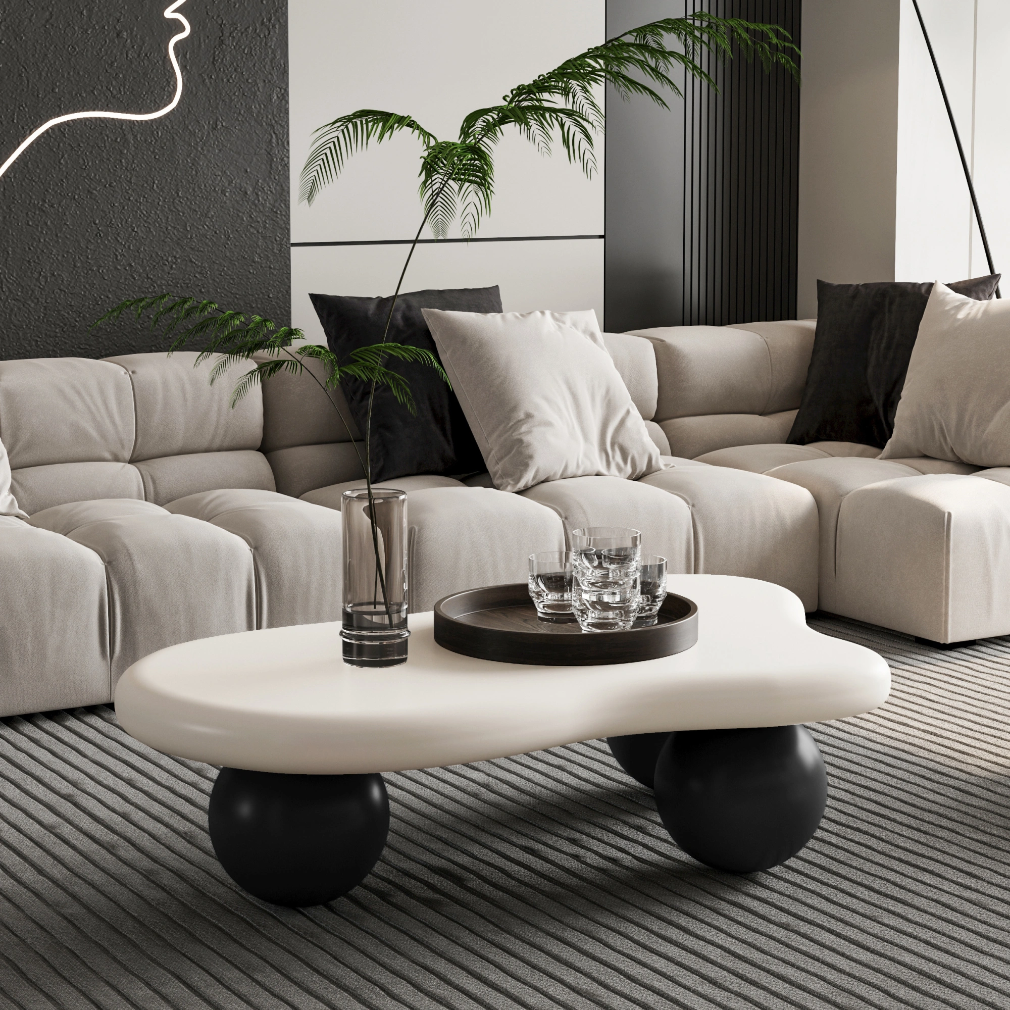 40" Cloud Coffee Table with 3 Ball Legs, White Top & Black Legs, Modern Living Room Center Table view 10