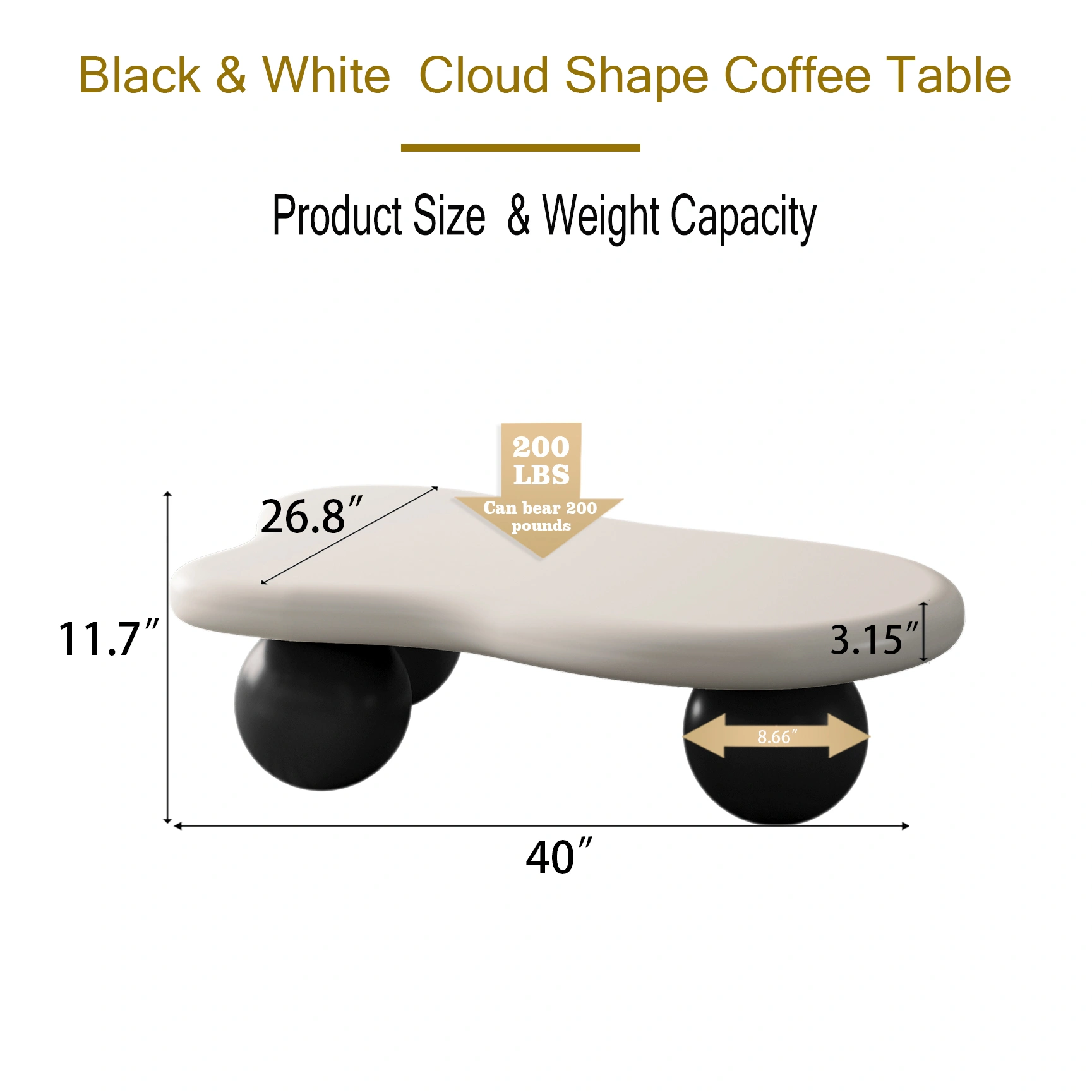 40" Cloud Coffee Table with 3 Ball Legs, White Top & Black Legs, Modern Living Room Center Table view 5