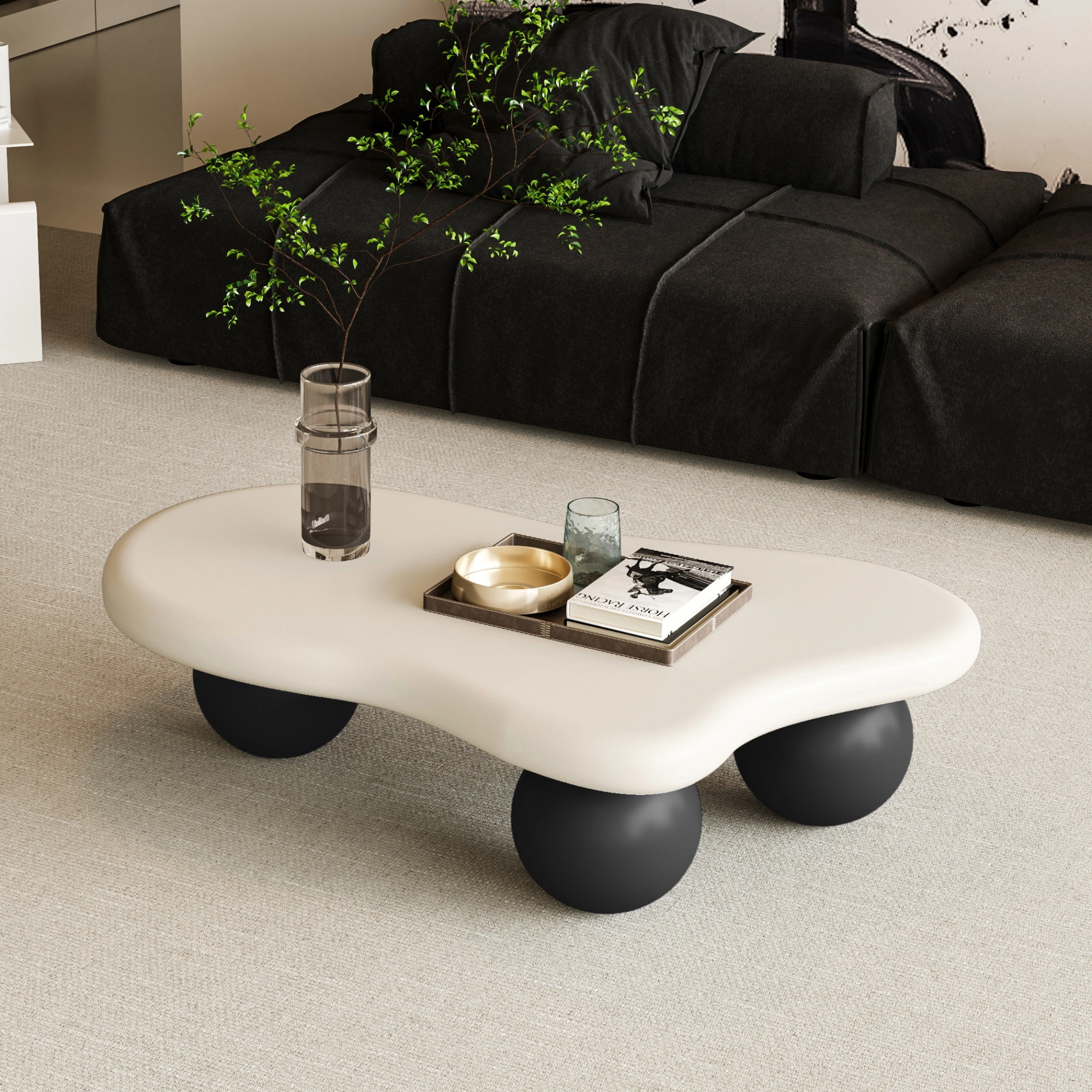 40" Cloud Coffee Table with 3 Ball Legs, White Top & Black Legs, Modern Living Room Center Table view 9