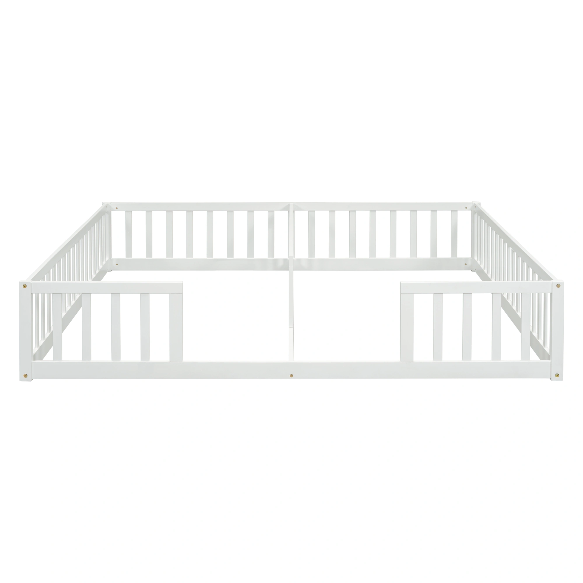 Double Twin Floor Bed with Fence, Guardrails, without door, White view 10