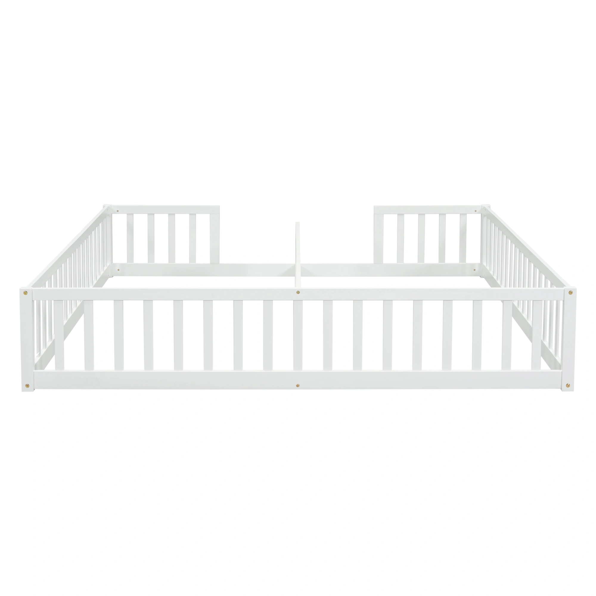 Double Twin Floor Bed with Fence, Guardrails, without door, White view 11