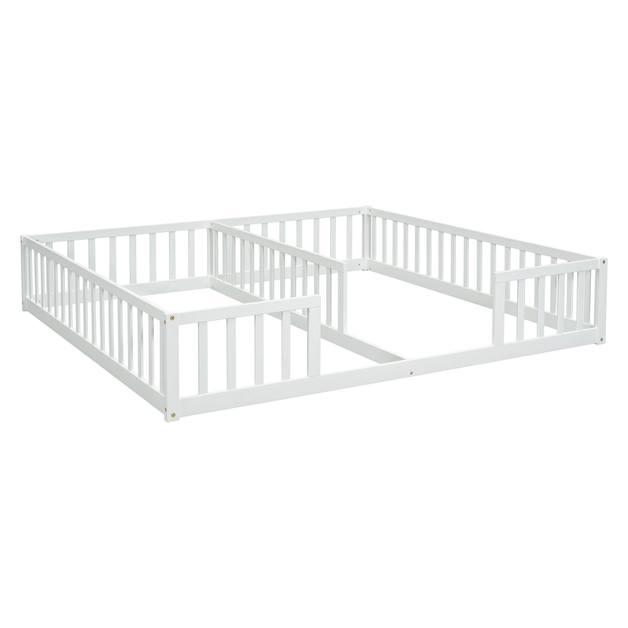 Double Twin Floor Bed with Fence, Guardrails, without door, White view 12