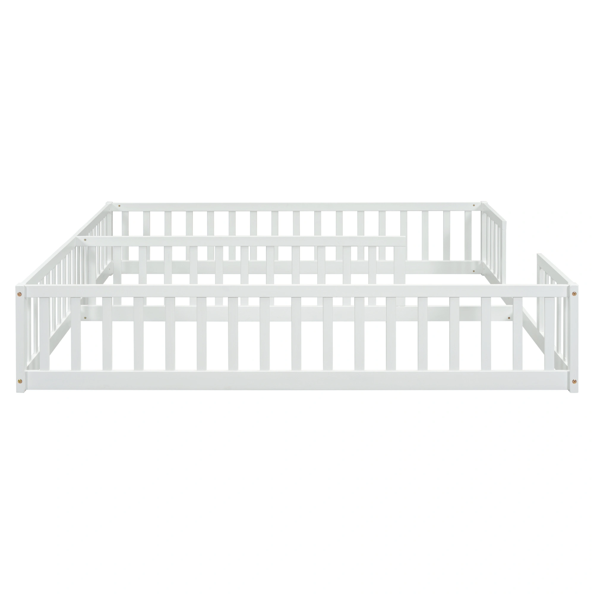 Double Twin Floor Bed with Fence, Guardrails, without door, White view 13