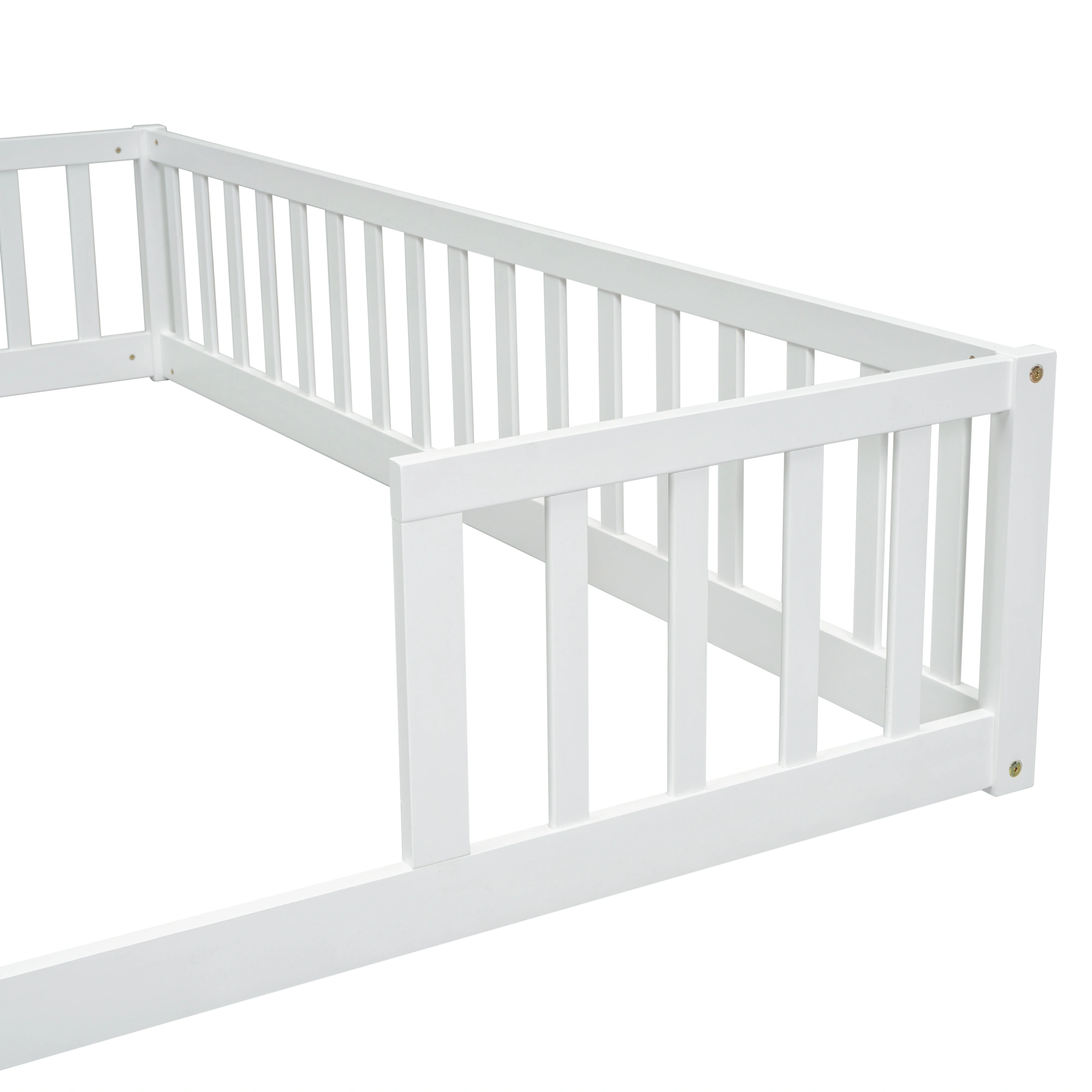 Double Twin Floor Bed with Fence, Guardrails, without door, White view 14