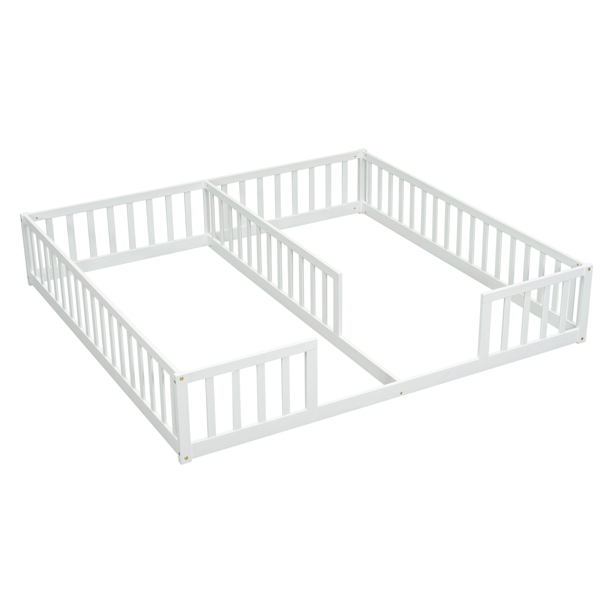 Double Twin Floor Bed with Fence, Guardrails, without door, White view 15