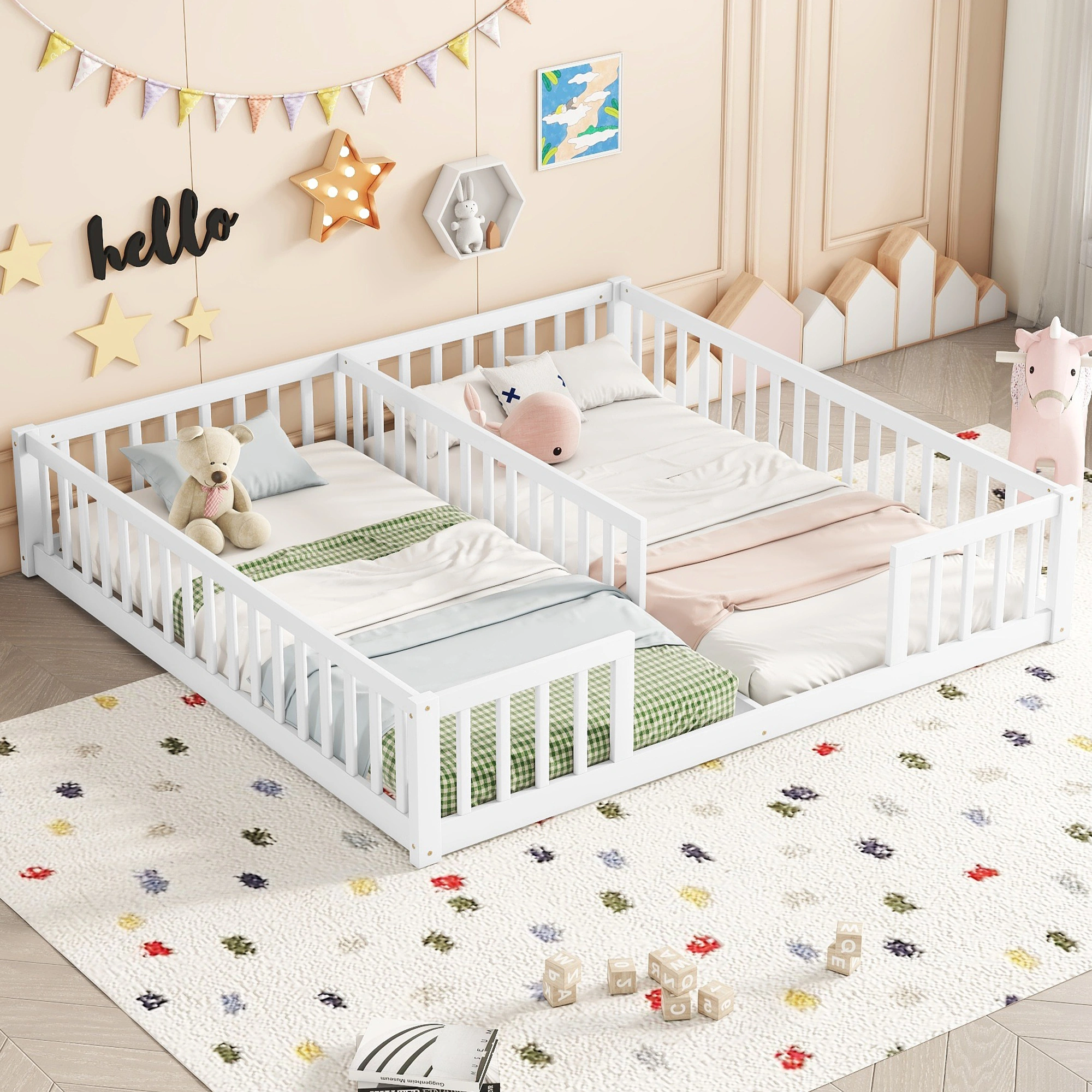 Double Twin Floor Bed with Fence, Guardrails, without door, White view 18