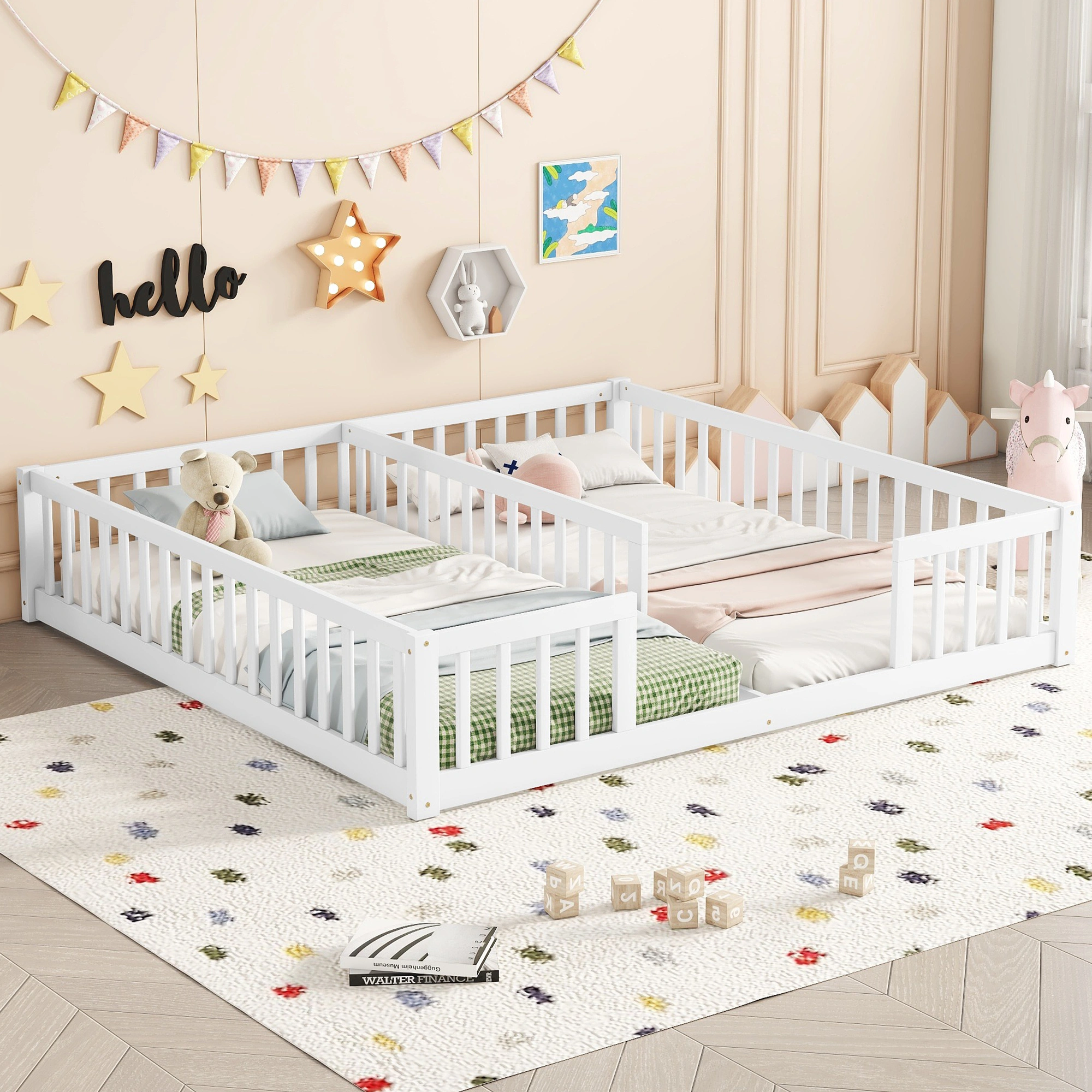 Double Twin Floor Bed with Fence, Guardrails, without door, White view 19