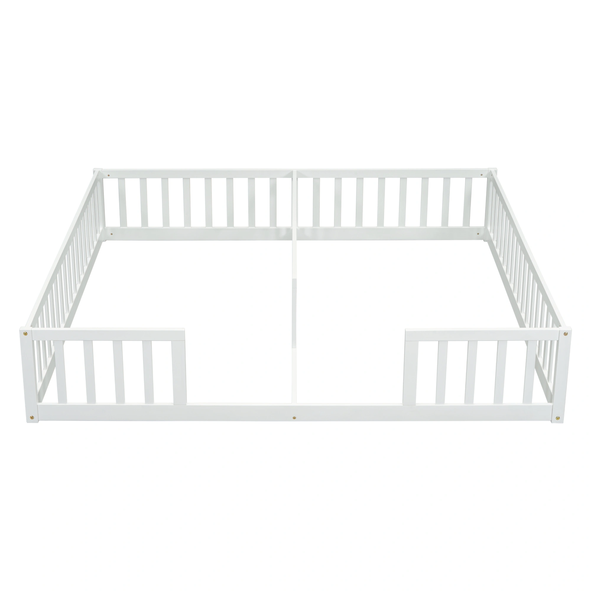 Double Twin Floor Bed with Fence, Guardrails, without door, White view 2