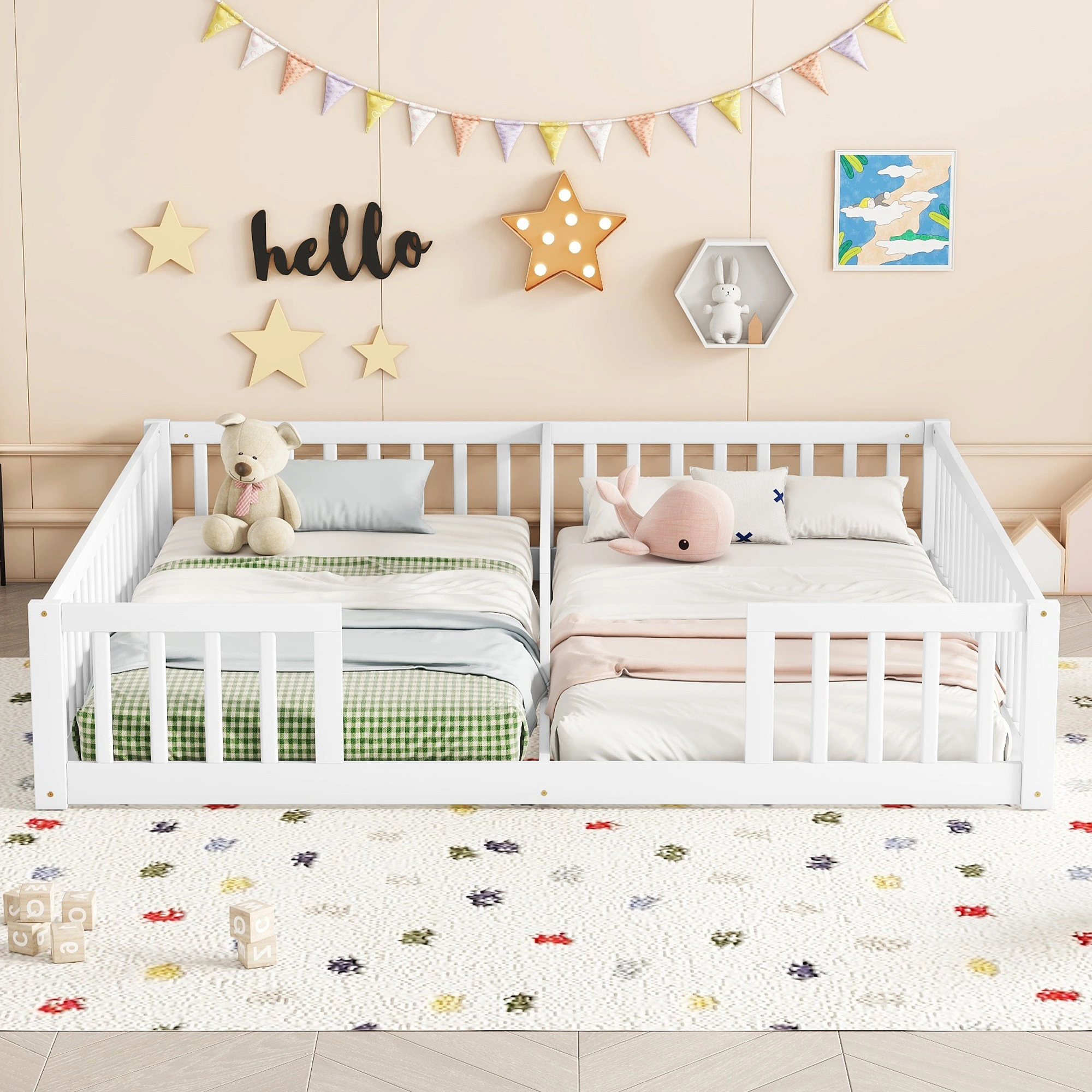 Double Twin Floor Bed with Fence, Guardrails, without door, White view 20