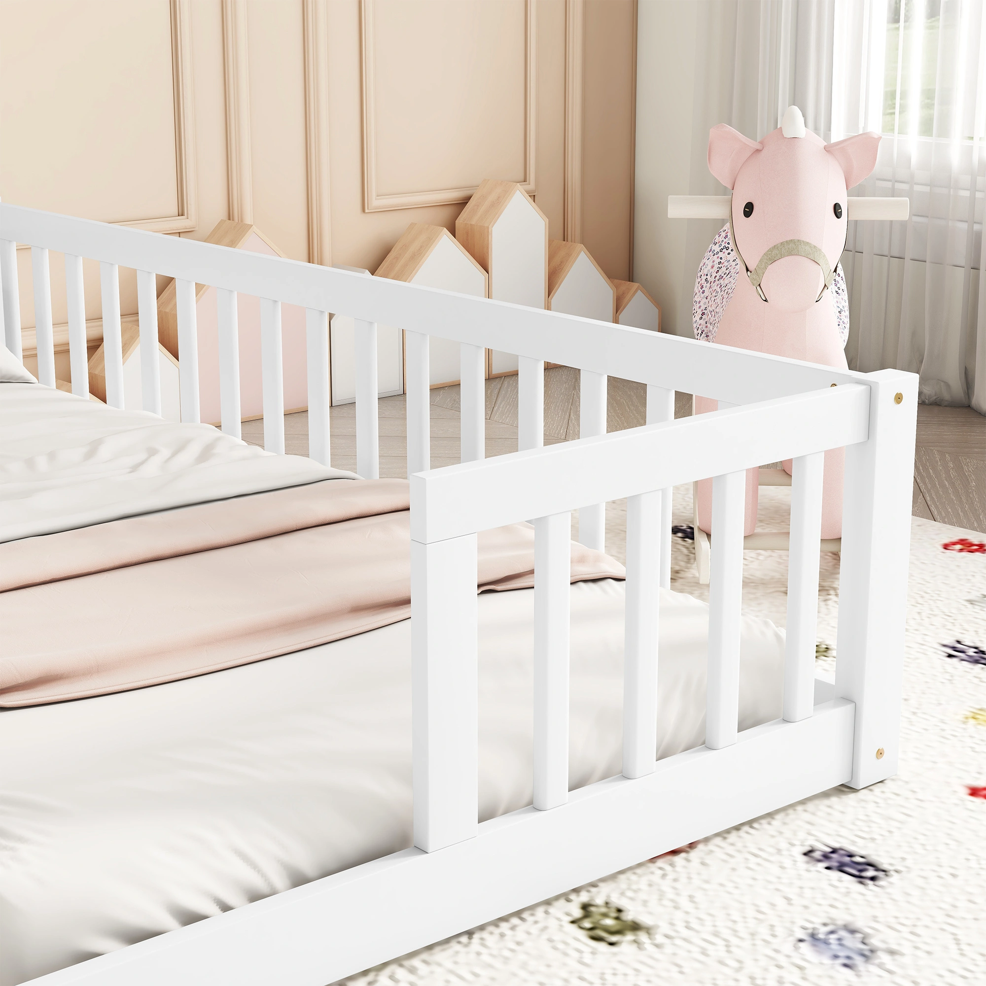Double Twin Floor Bed with Fence, Guardrails, without door, White view 22