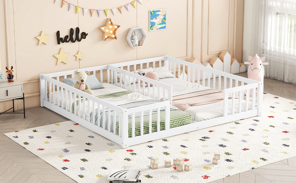 Double Twin Floor Bed with Fence, Guardrails, without door, White view 23