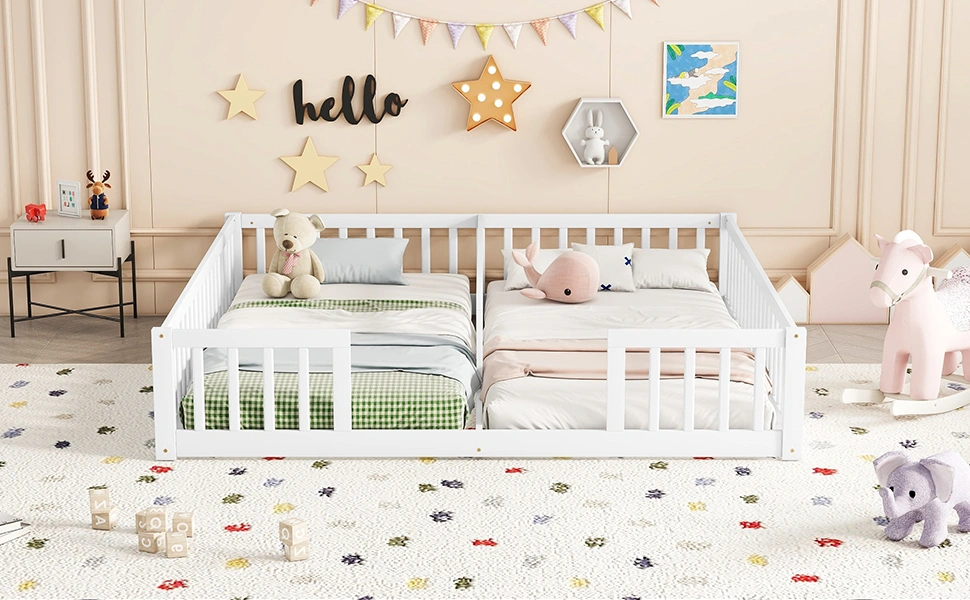 Double Twin Floor Bed with Fence, Guardrails, without door, White view 24