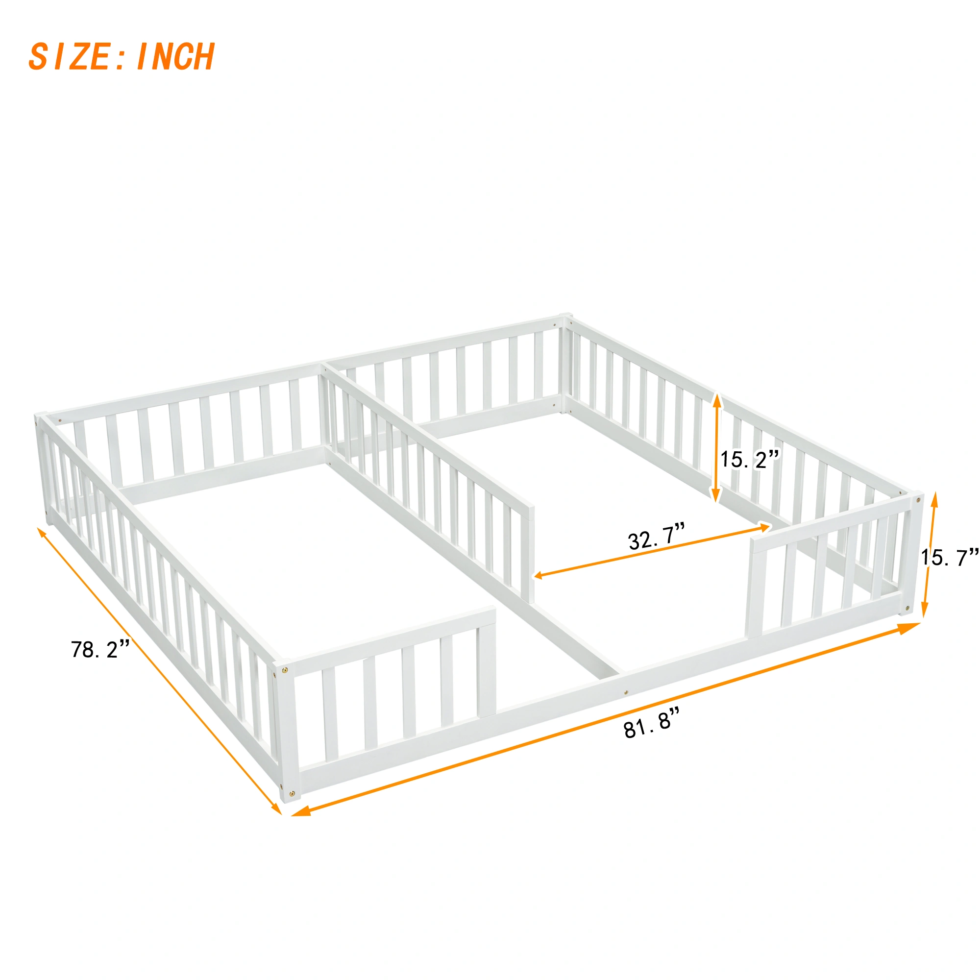 Double Twin Floor Bed with Fence, Guardrails, without door, White view 3