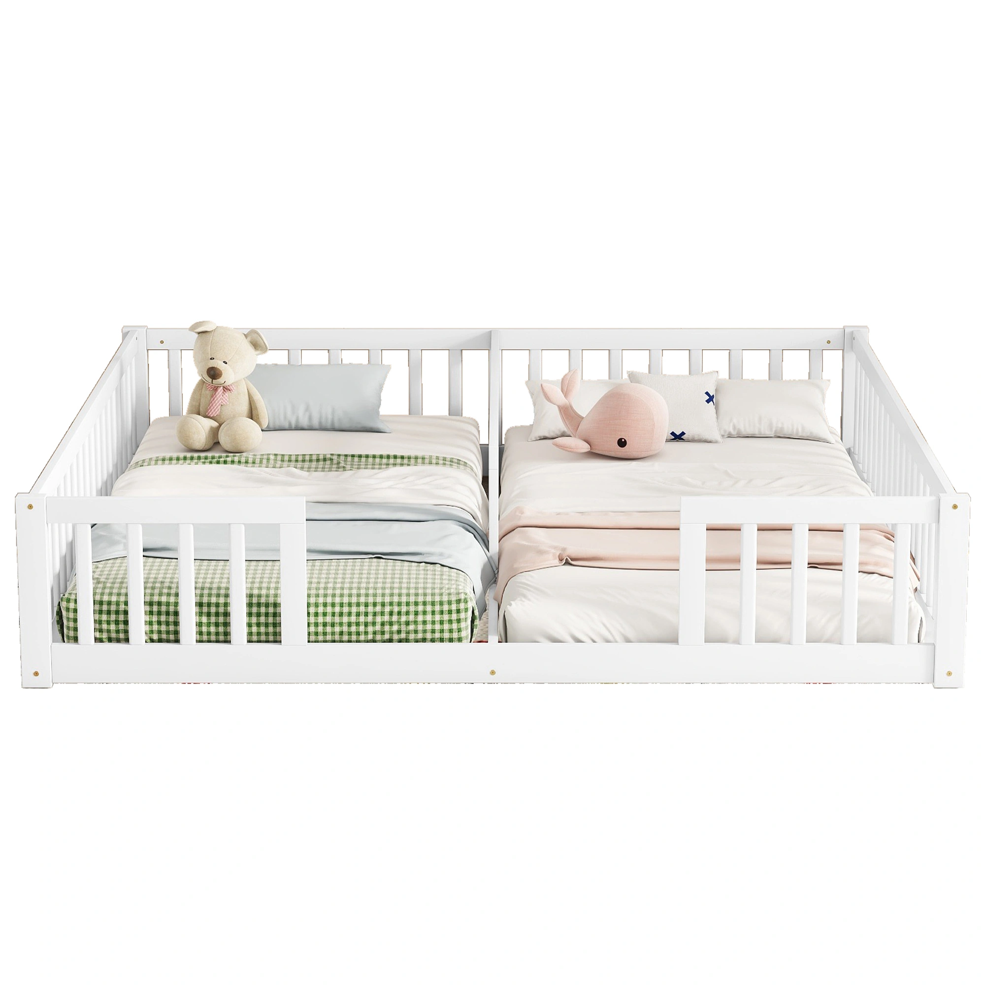 Double Twin Floor Bed with Fence, Guardrails, without door, White view 4