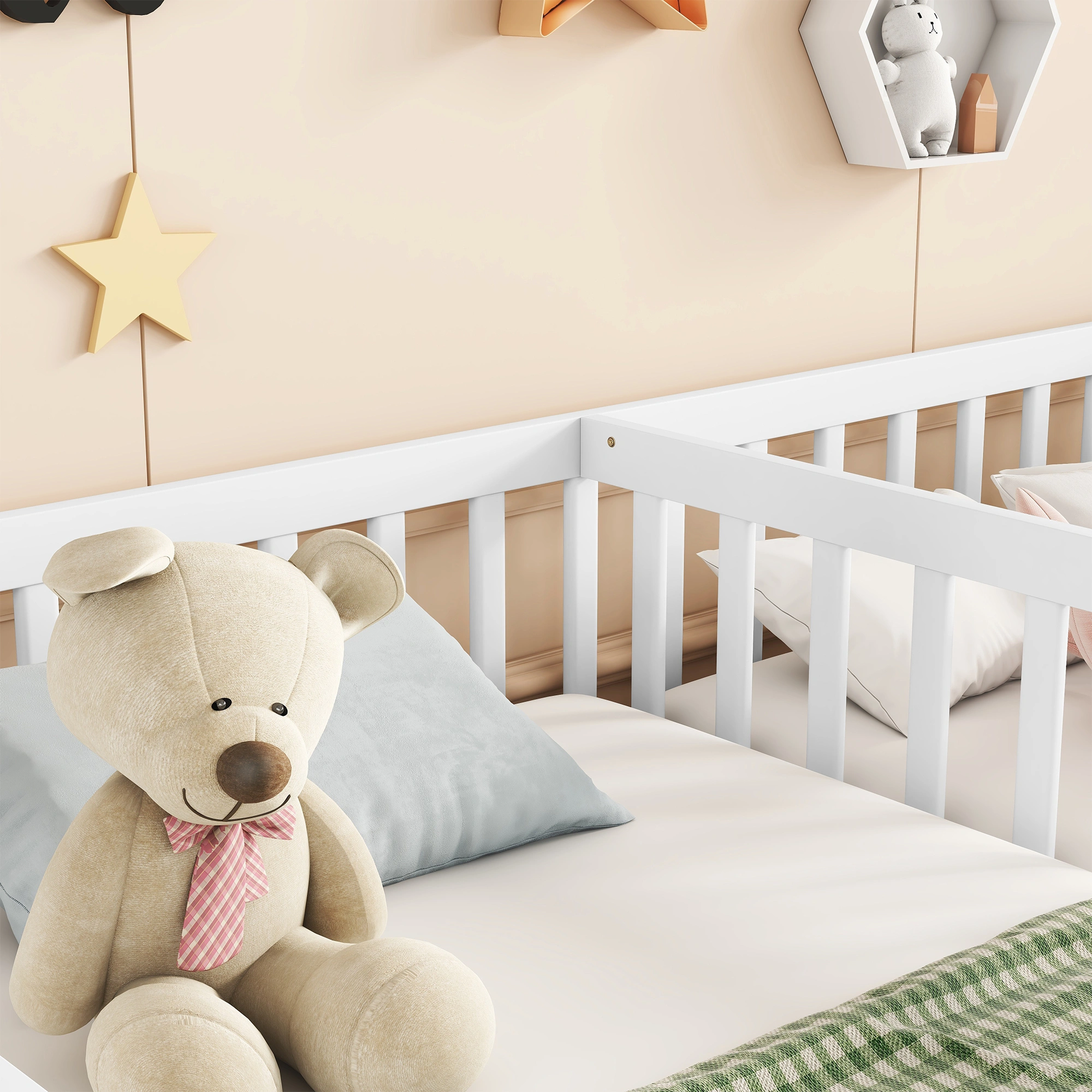 Double Twin Floor Bed with Fence, Guardrails, without door, White view 5
