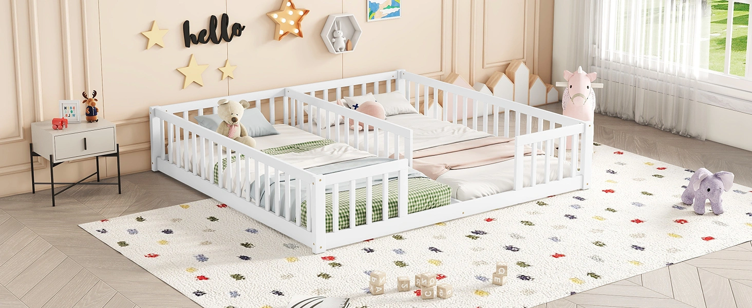 Double Twin Floor Bed with Fence, Guardrails, without door, White view 6