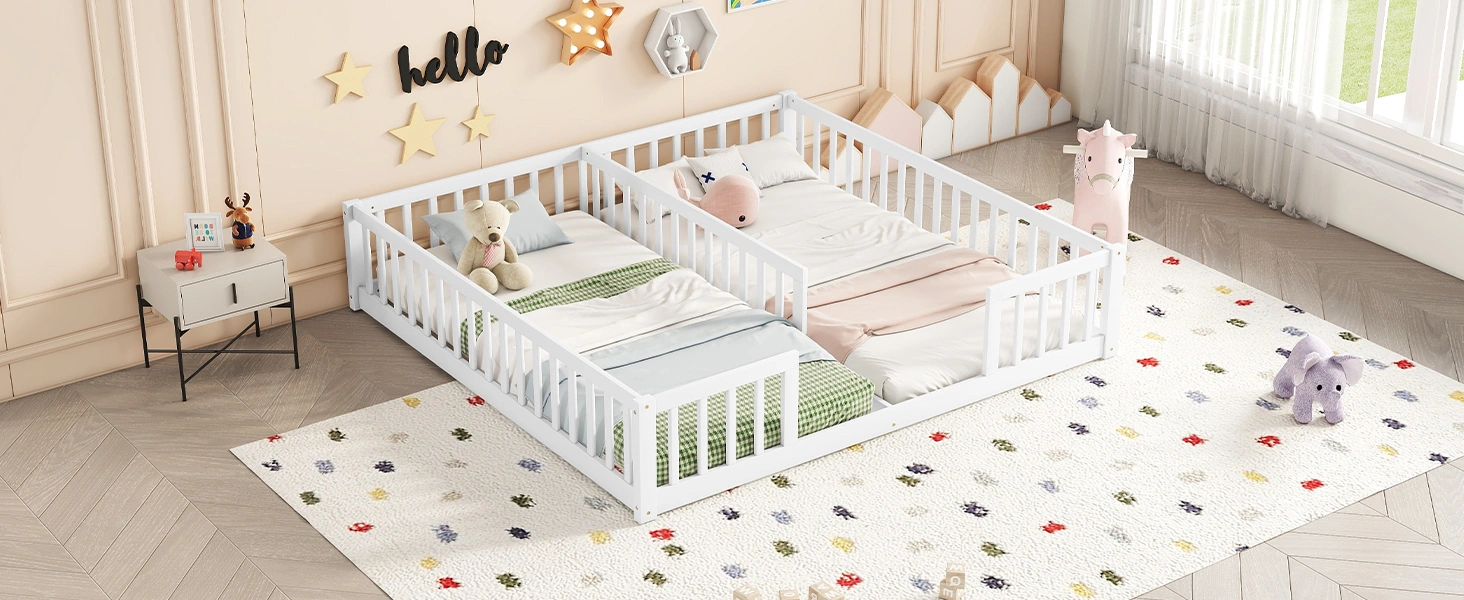Double Twin Floor Bed with Fence, Guardrails, without door, White view 7