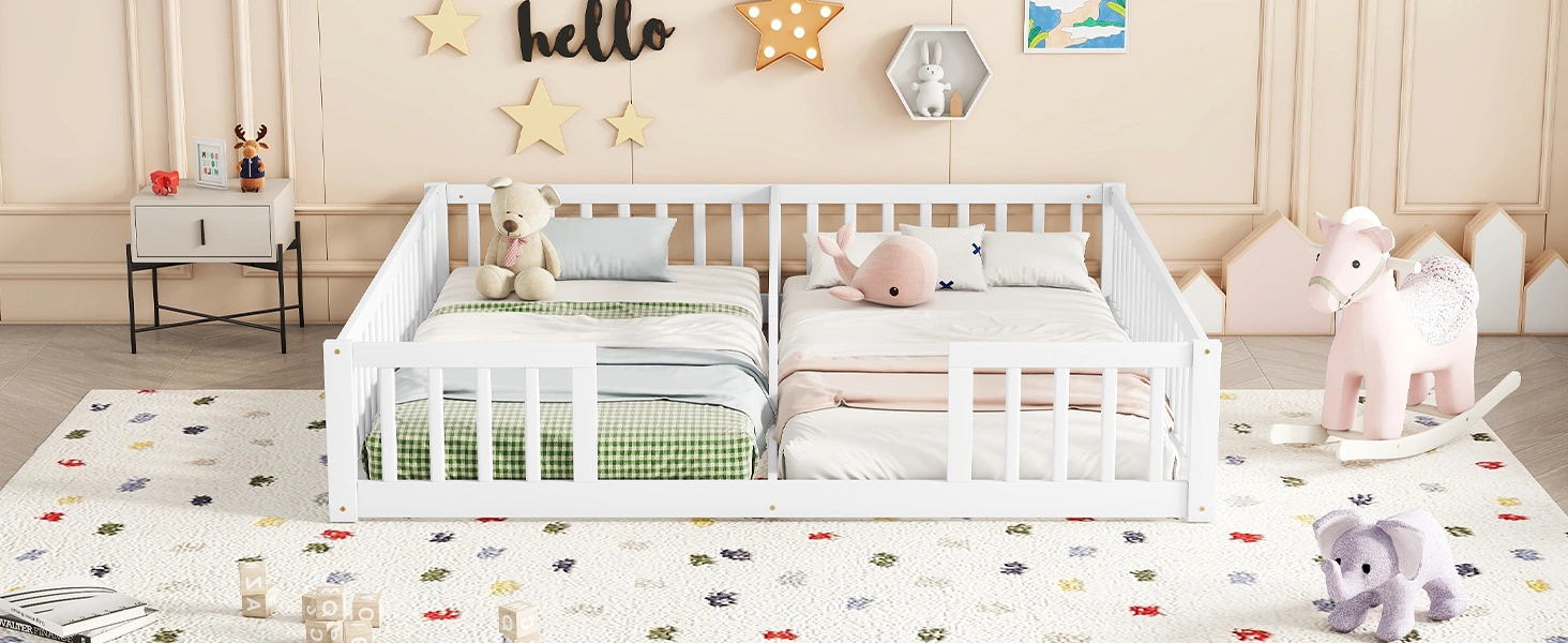 Double Twin Floor Bed with Fence, Guardrails, without door, White view 8
