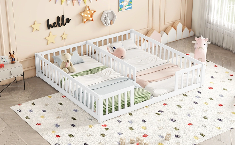 Double Twin Floor Bed with Fence, Guardrails, without door, White view 9