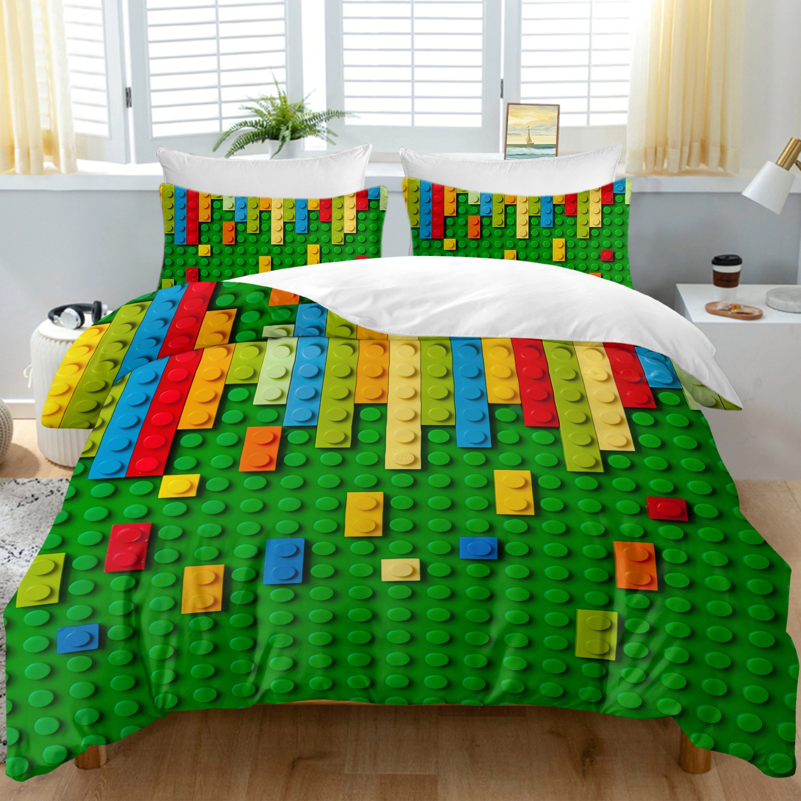 Green Blocks Duvet Cover Set 3-Piece Colorful Microfiber Kids Bedding Double Size