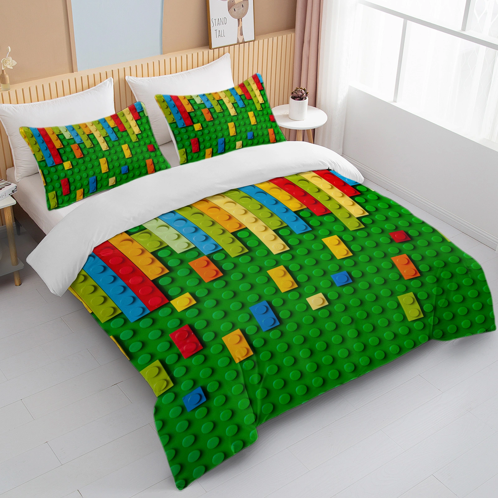 Green Blocks Duvet Cover Set 3-Piece Colorful Microfiber Kids Bedding Double Size view 2