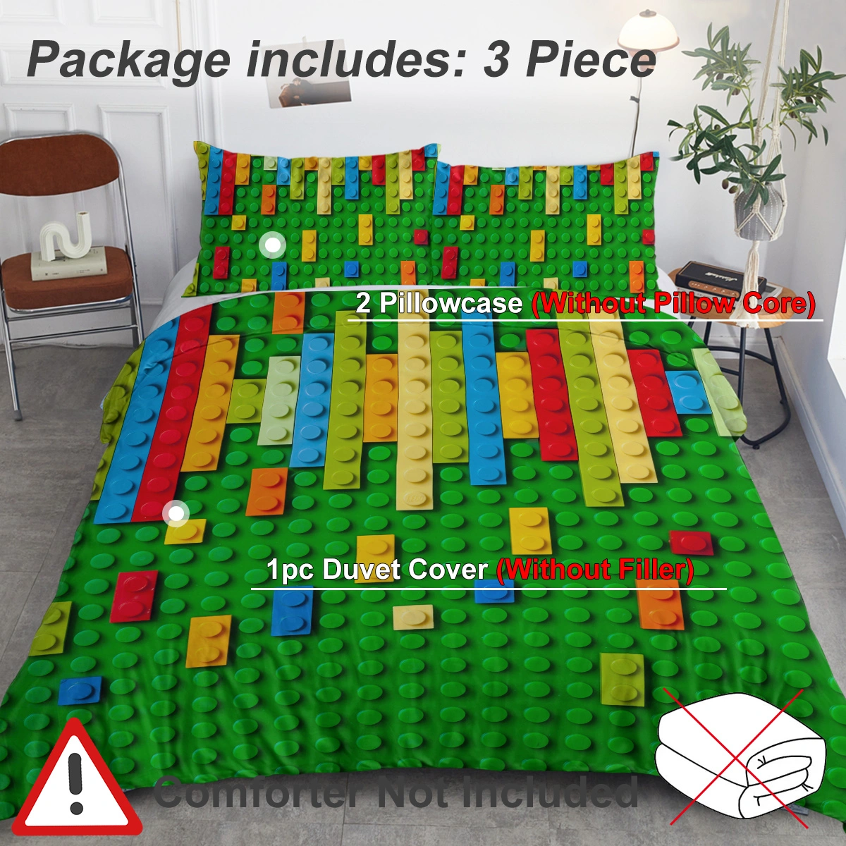 Green Blocks Duvet Cover Set 3-Piece Colorful Microfiber Kids Bedding Double Size view 3