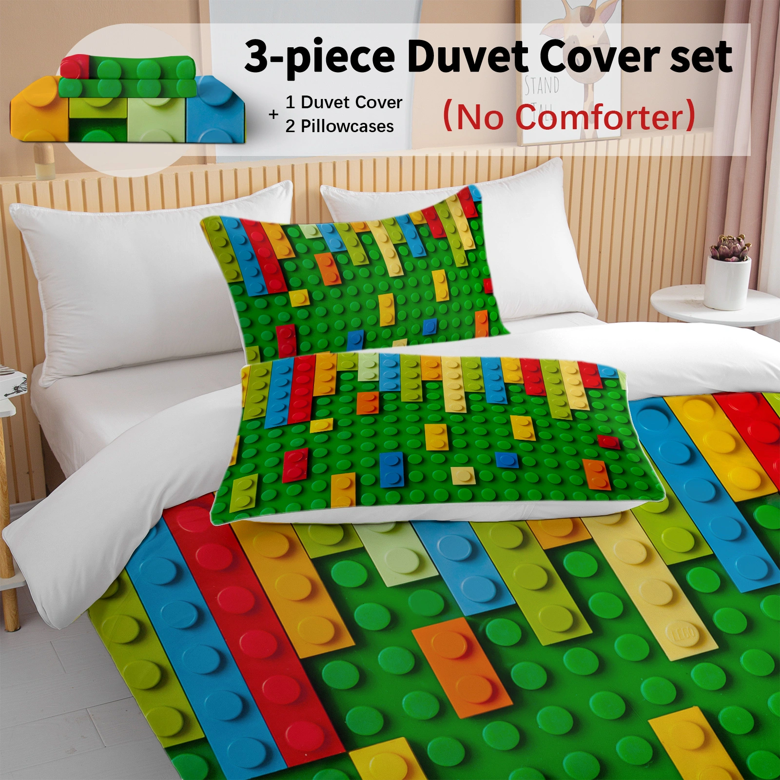 Green Blocks Duvet Cover Set 3-Piece Colorful Microfiber Kids Bedding Double Size view 5