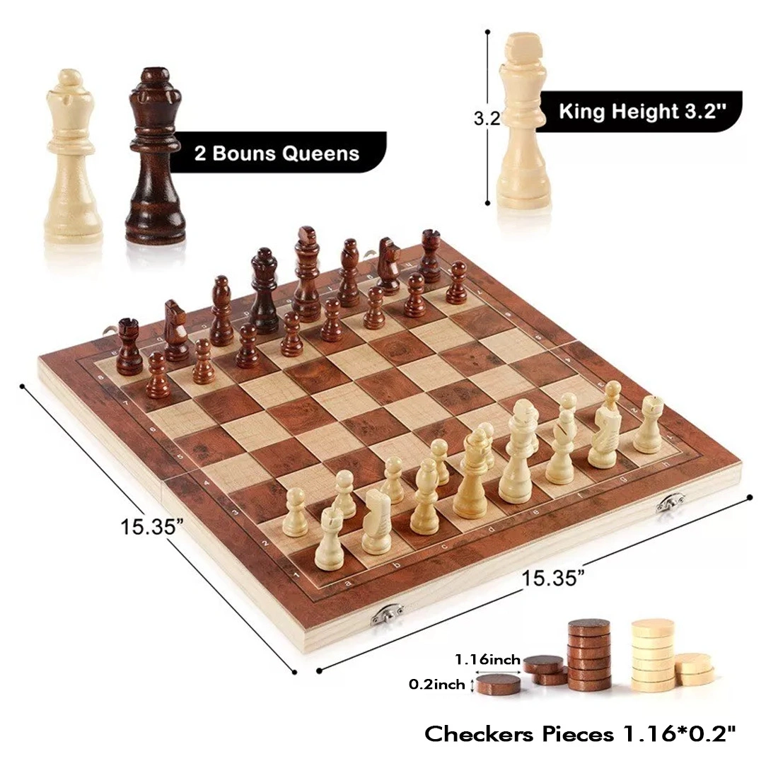 Large Wooden Chess Set Folding Board 39x39cm with Pieces Family Strategy Game Toys view 3