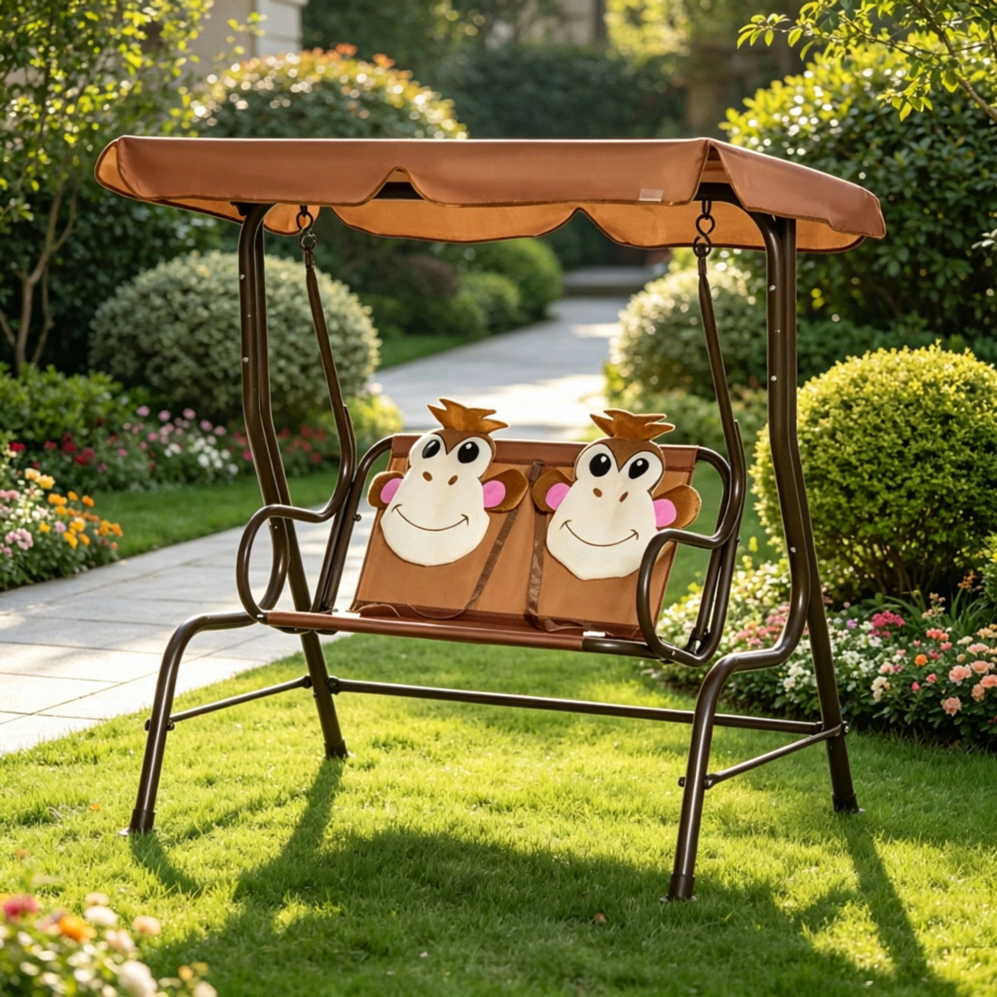 2-Seater Kids Patio Swing with Adjustable Canopy & Safety Belt, Monkey Pattern Hanging Swing Bench, Metal Frame Garden Swing for Backyard, Playroom, Toddler Outdoor Chair