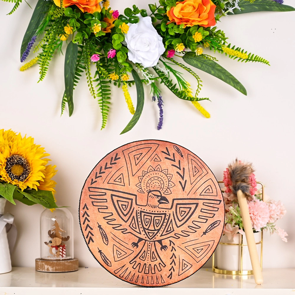 Shamanic Bird Drum - 12 inch Totem Drum, Handmade Wooden Tribal Percussion Instrument for Sound Healing, Meditation & Wall Decor, Felt Mallet Included view 2