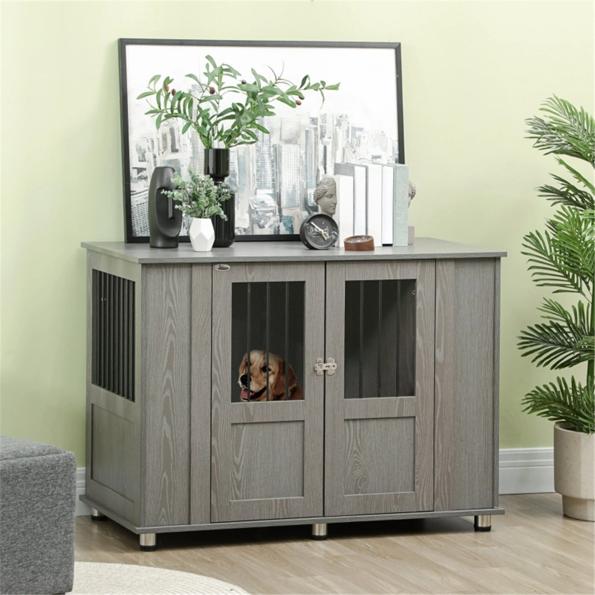 XL Dog Crate, Heavy Duty Metal Pet Crate, Foldable Dog Kennel with Dividers, Double Door, Removable Tray
