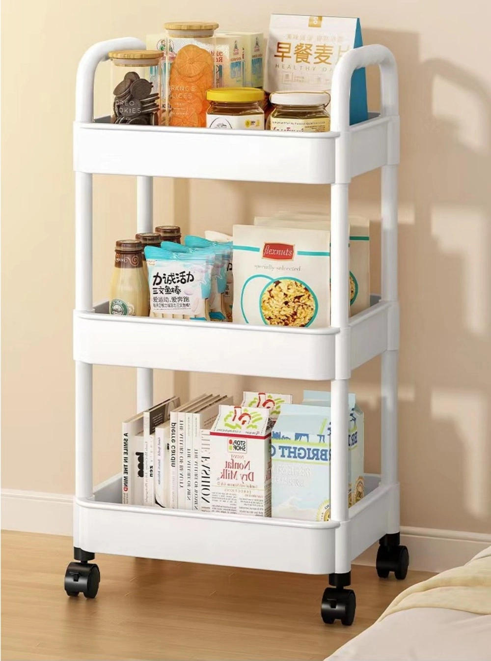 3 Tier Rolling Storage Cart On Wheels, Metal Utility Trolley Shelf Rack for Kitchen Bathroom Laundry view 2