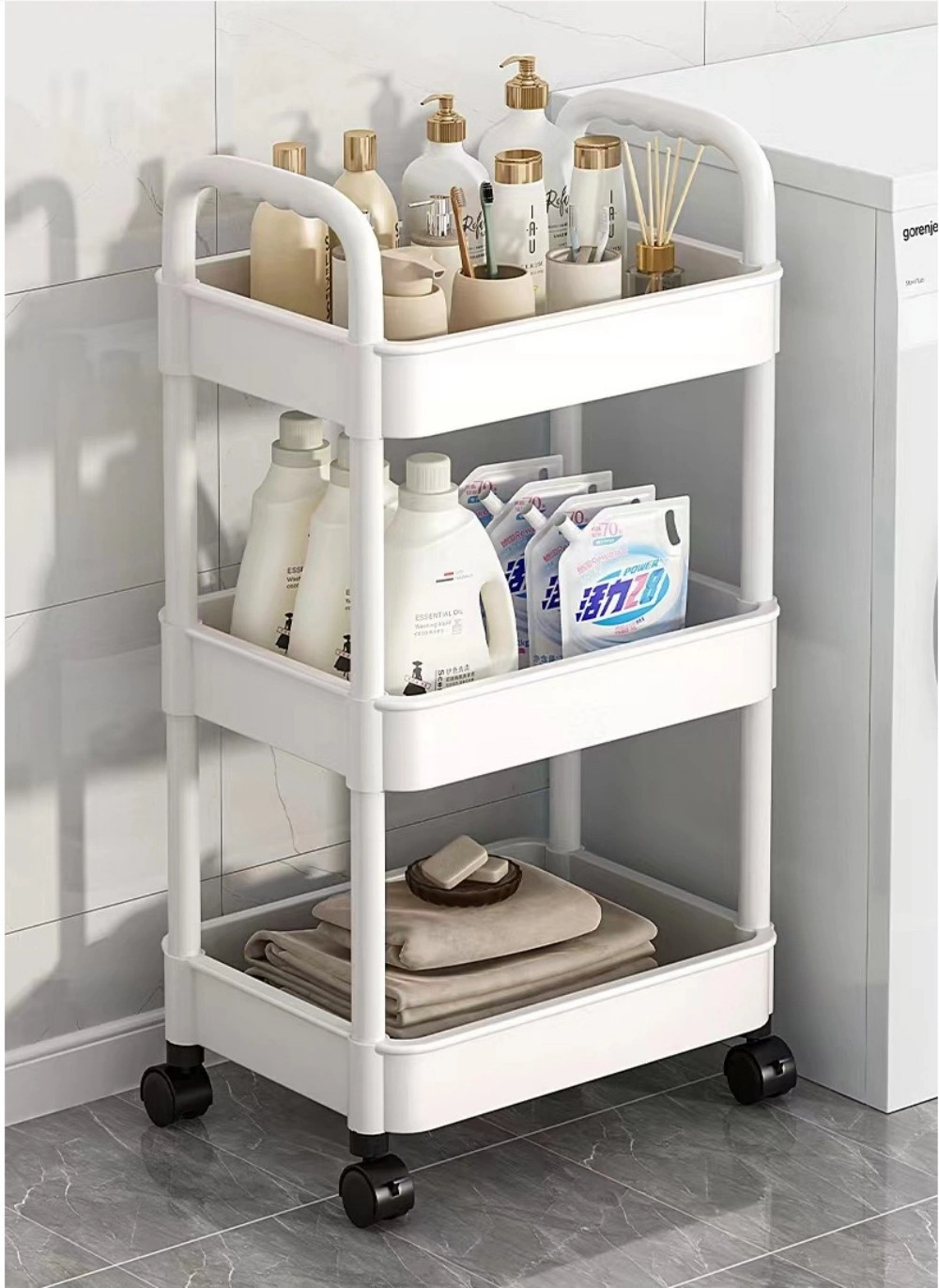 3 Tier Rolling Storage Cart On Wheels, Metal Utility Trolley Shelf Rack for Kitchen Bathroom Laundry view 5