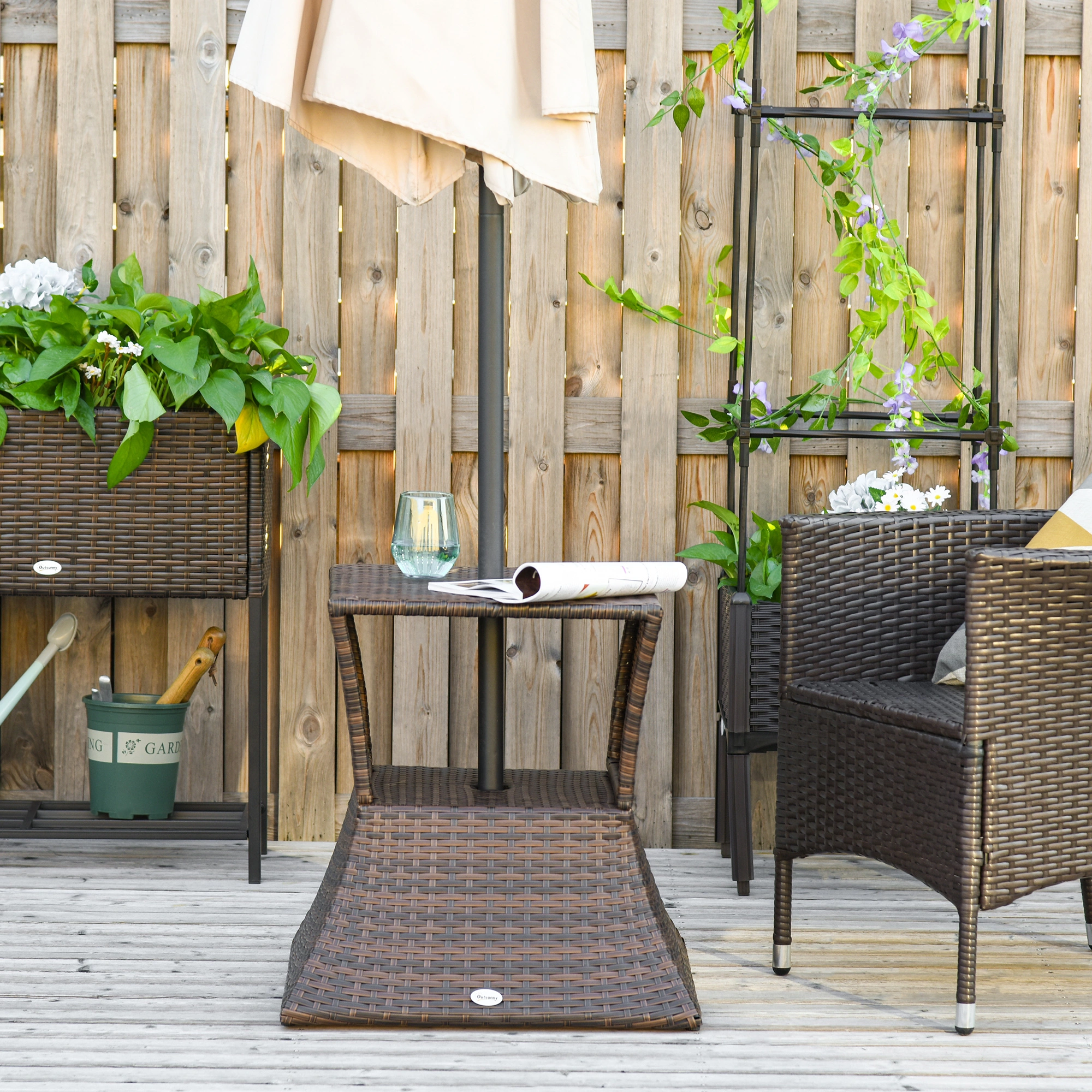 2-Tier Rattan Wicker Side Table - Outdoor Patio Table with Umbrella Hole & Storage Shelf
