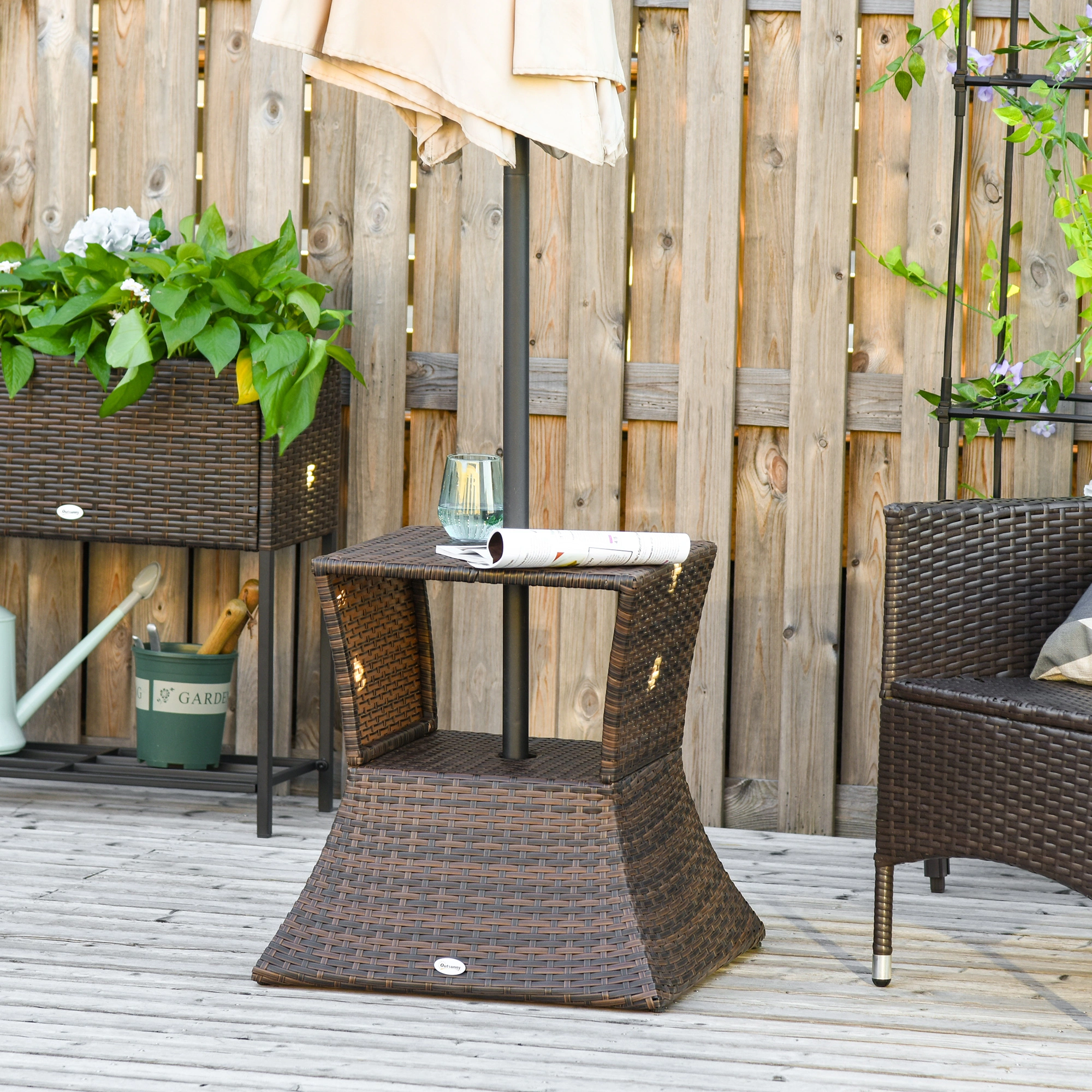2-Tier Rattan Wicker Side Table Outdoor Patio with Umbrella Hole & Storage Shelf view 2