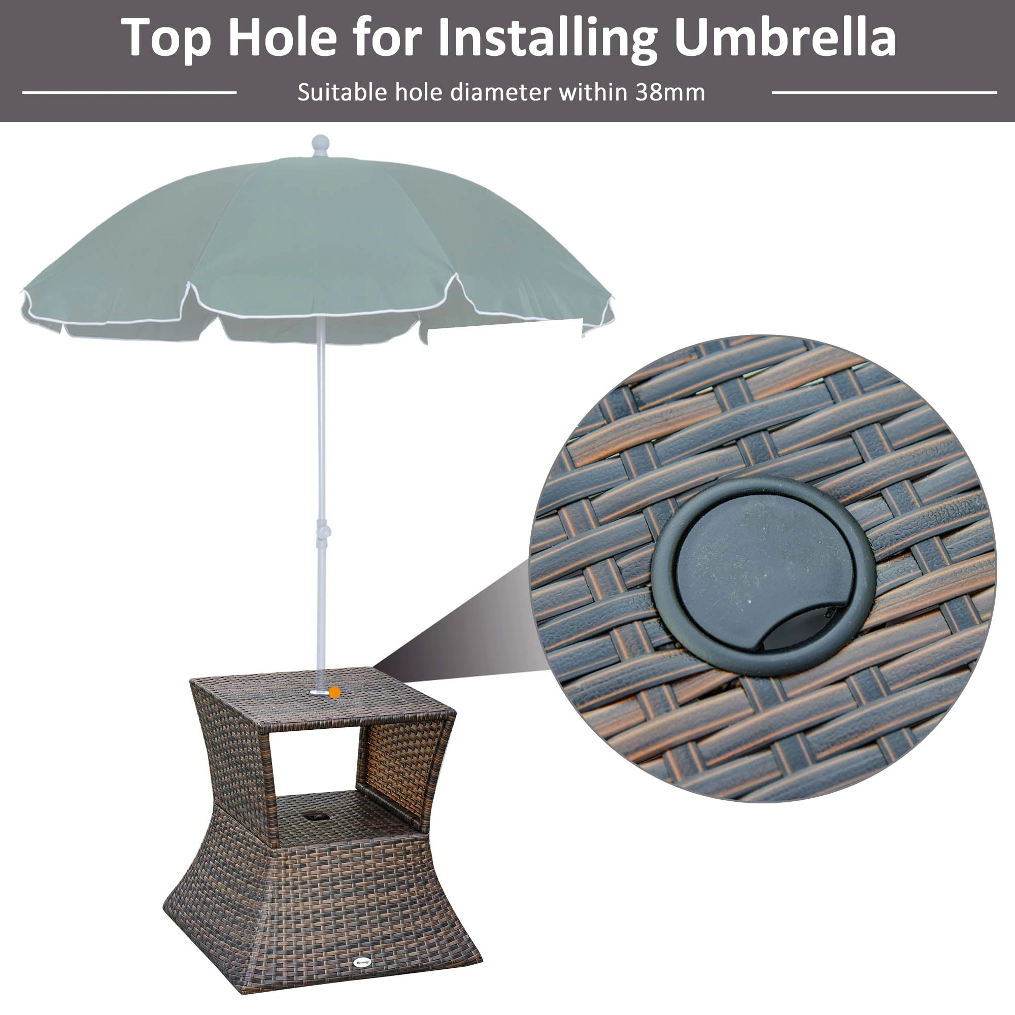2-Tier Rattan Wicker Side Table Outdoor Patio with Umbrella Hole & Storage Shelf view 3