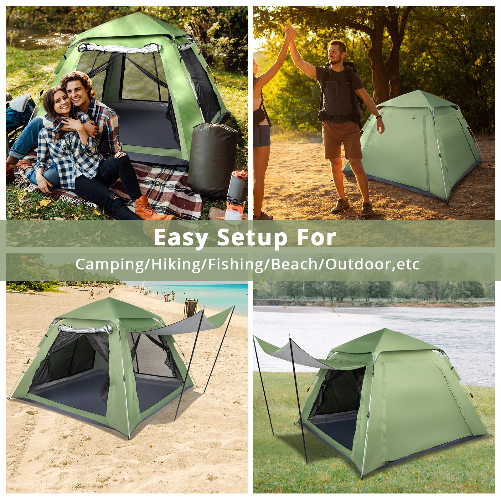 240*240*150cm Spring Quick Open Four-Person Family Tent Camping Tent Green view 15
