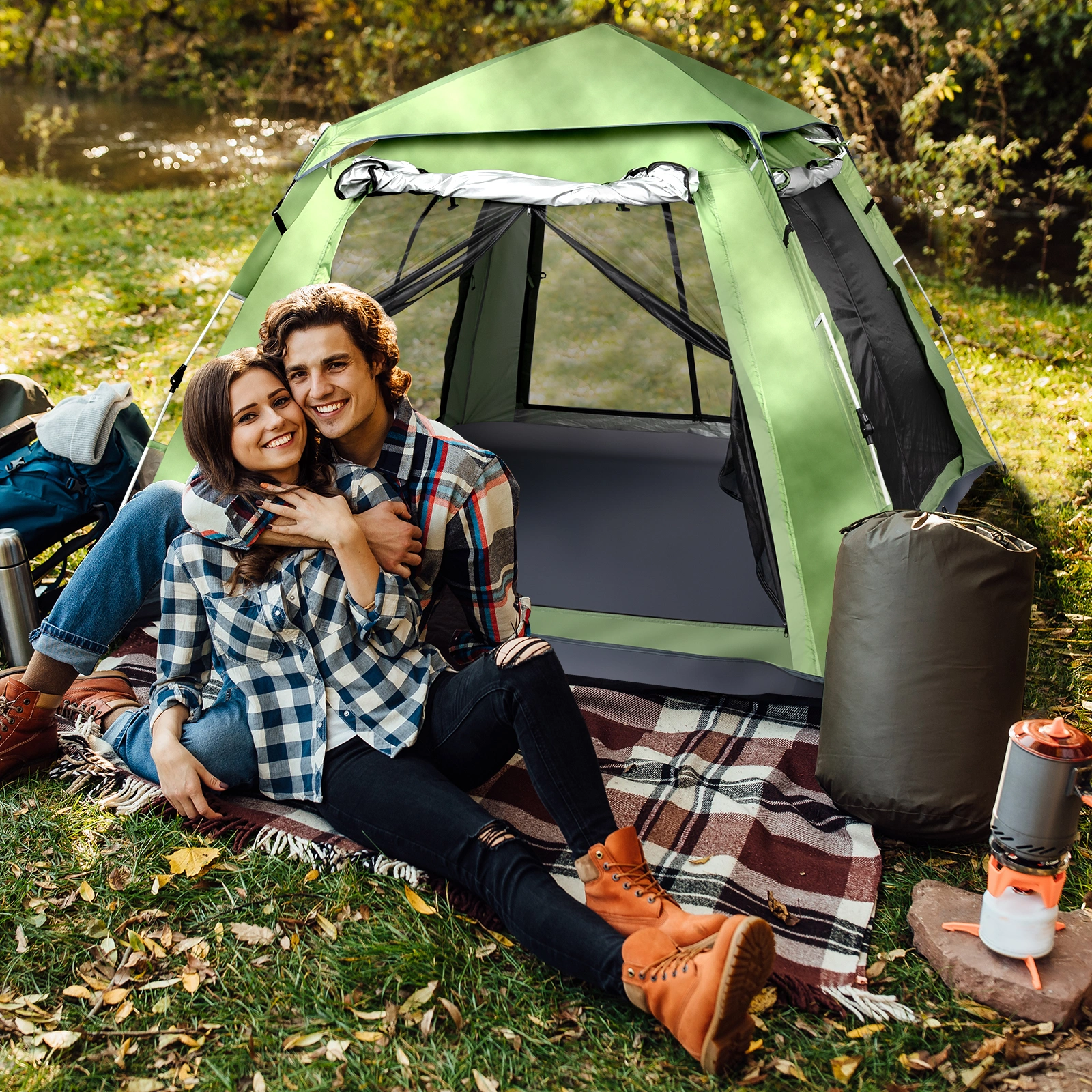 240*240*150cm Spring Quick Open Four-Person Family Tent Camping Tent Green view 22