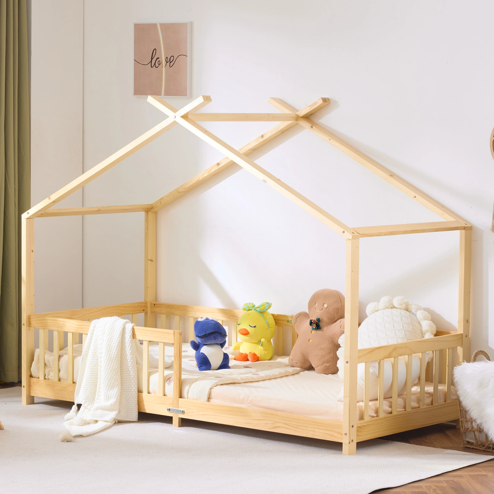 Children's Pine Wood Bed Frame with X-Shaped Roof Design, Painted Natural Wood, 81.1x38.58x61.42in