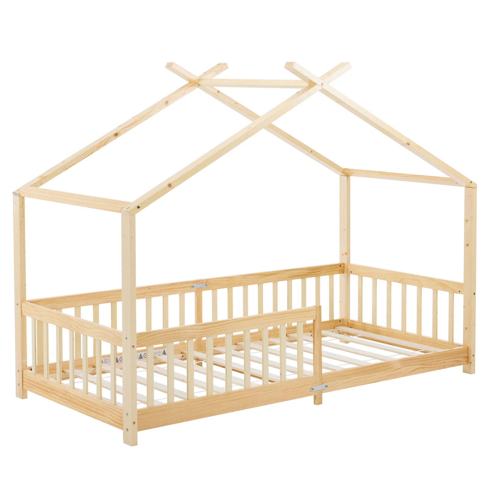 Children's Pine Wood Bed Frame with X-Shaped Roof Design, Painted Natural Wood, 81.1x38.58x61.42in view 3