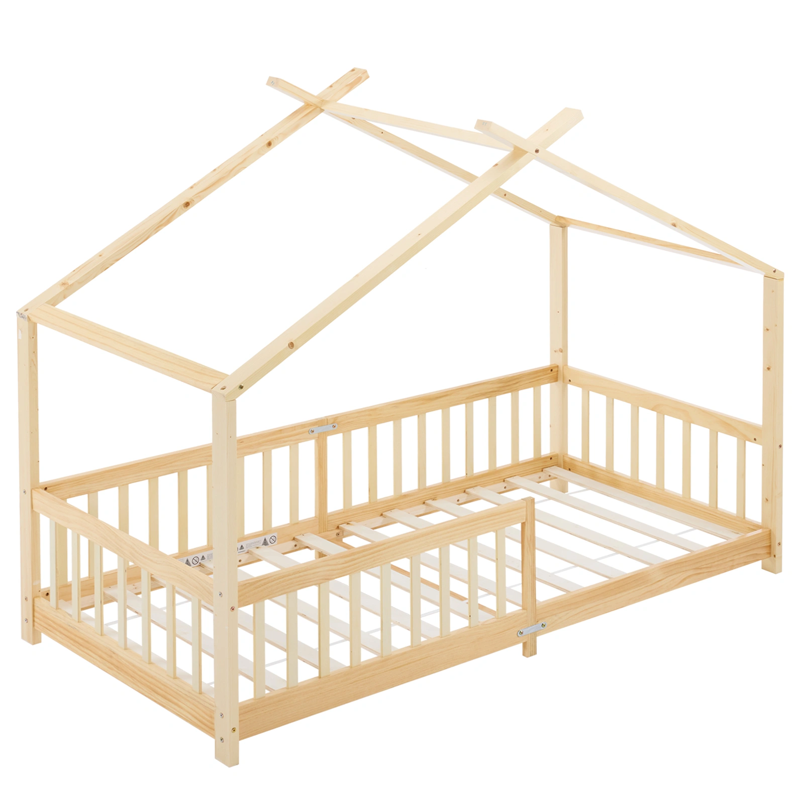 Children's Pine Wood Bed Frame with X-Shaped Roof Design, Painted Natural Wood, 81.1x38.58x61.42in view 4