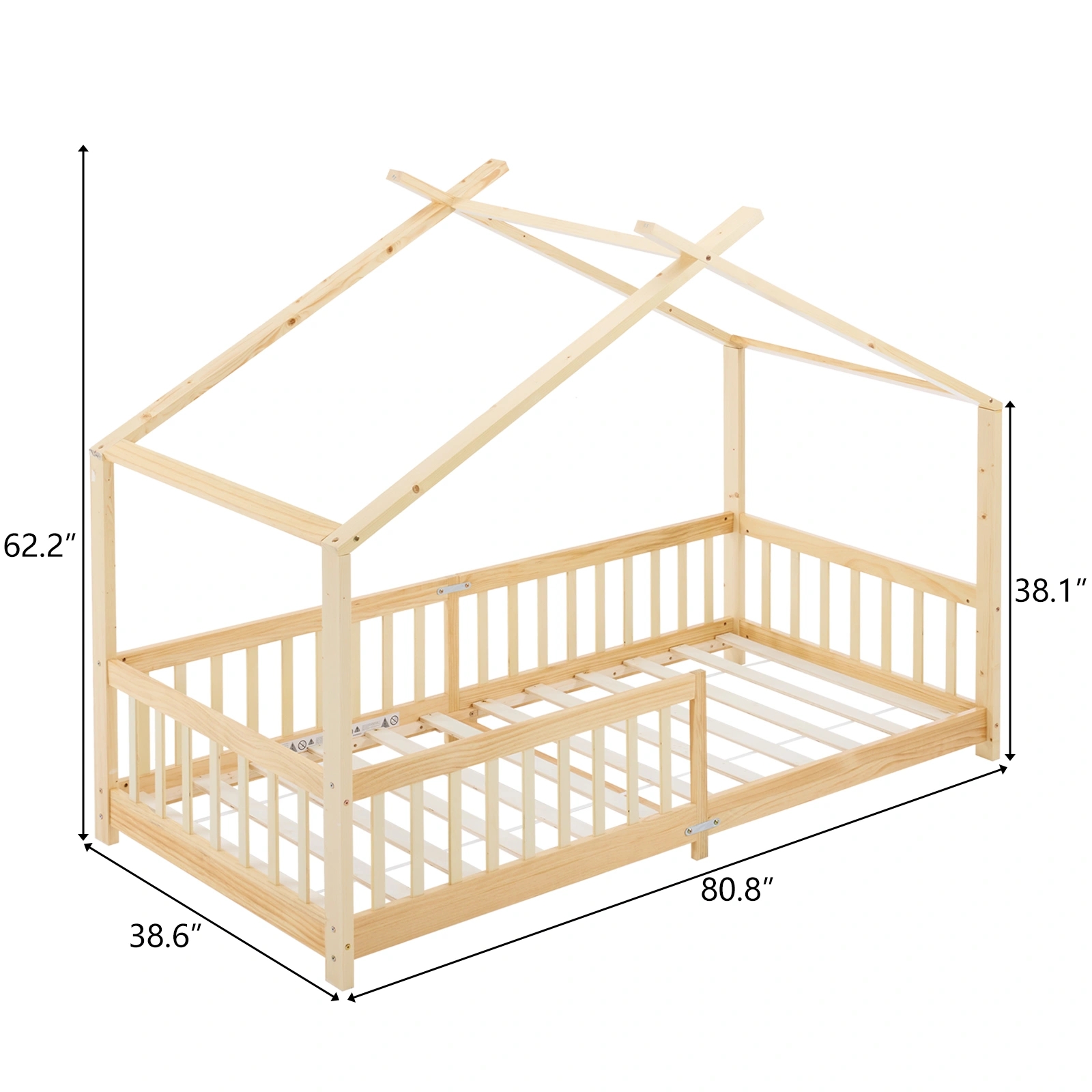 Children's Pine Wood Bed Frame with X-Shaped Roof Design, Painted Natural Wood, 81.1x38.58x61.42in view 5