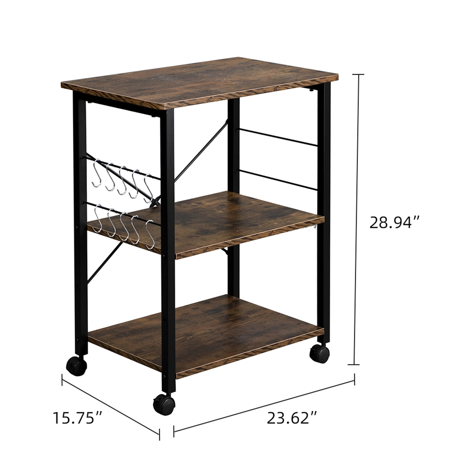 Baker's Rack 3-Tier Kitchen Utility Microwave Oven Stand Storage Cart Workstation Shelf(Vintage Board Top Black Metal Frame) view 4