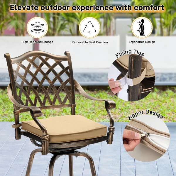 Outdoor Swivel Bar Stools Set of 2, Cast Aluminum Patio Bar Height Chairs, All-Weather Bar Dining Chairs Outdoor Swivel Chairs Furniture (Grid Back) view 3